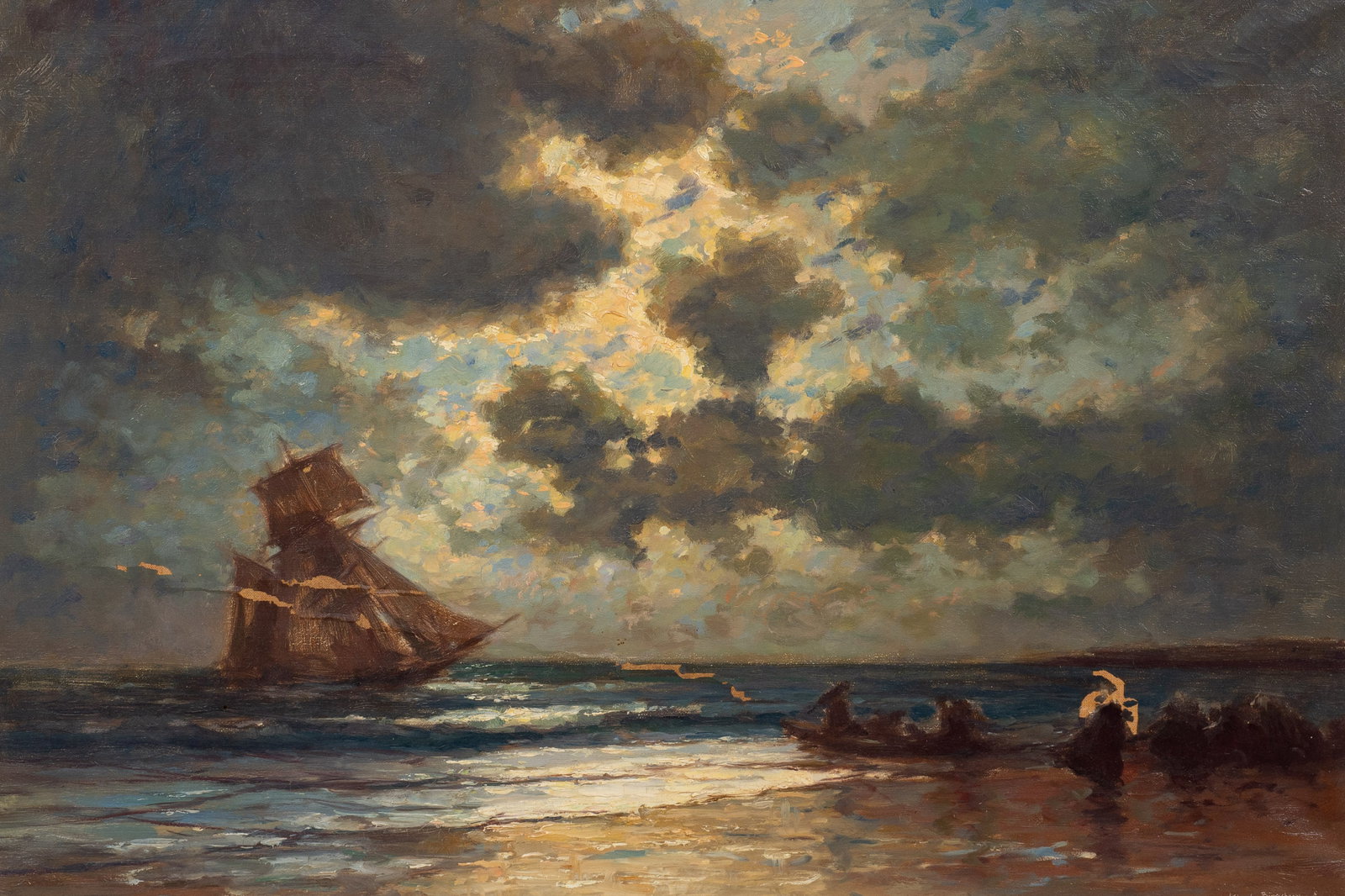 Moody Maritime Painting, Charles Bisschops.: Artist(s): Charles Bisschops (Belgian, 1894-1975). Medium: Oil painting on canvas. Signature(s): Lower right. Paperwork/Provenance: N/A Condition: Craquelure and scattered missing, flaking paint. Wear