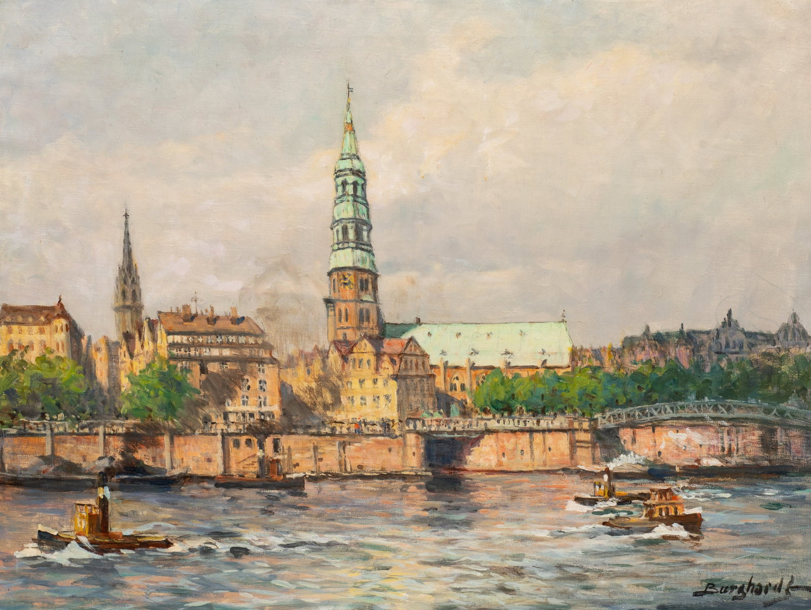 Painting of Hamburg Harbor, Gustav Burghardt.: Artist(s): Gustav Burghardt (German, 1890-1970). Medium: Oil painting on canvas. Signature(s): Lower right. Paperwork/Provenance: N/A Condition: Signs of surface grime, and also visible stretcher