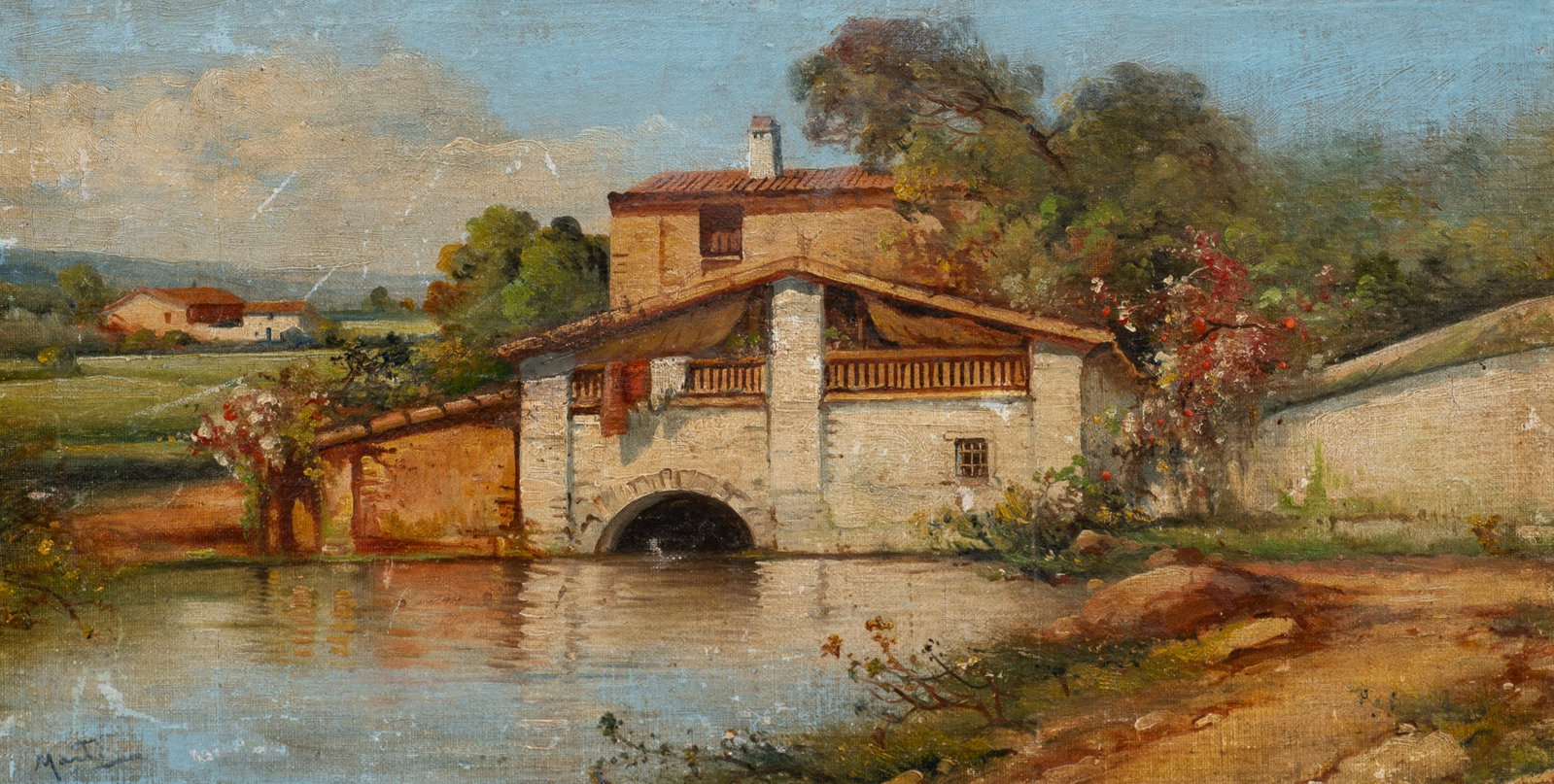 Vintage Painting of Italian Village Signed Marti.: Artist(s): Unknown, 20th century. Medium: Oil painting on canvas. Signature(s): "Marti", or possibly "Monti", lower left. Paperwork/Provenance: N/A Condition: Signs of darkening varnish, craquelure,