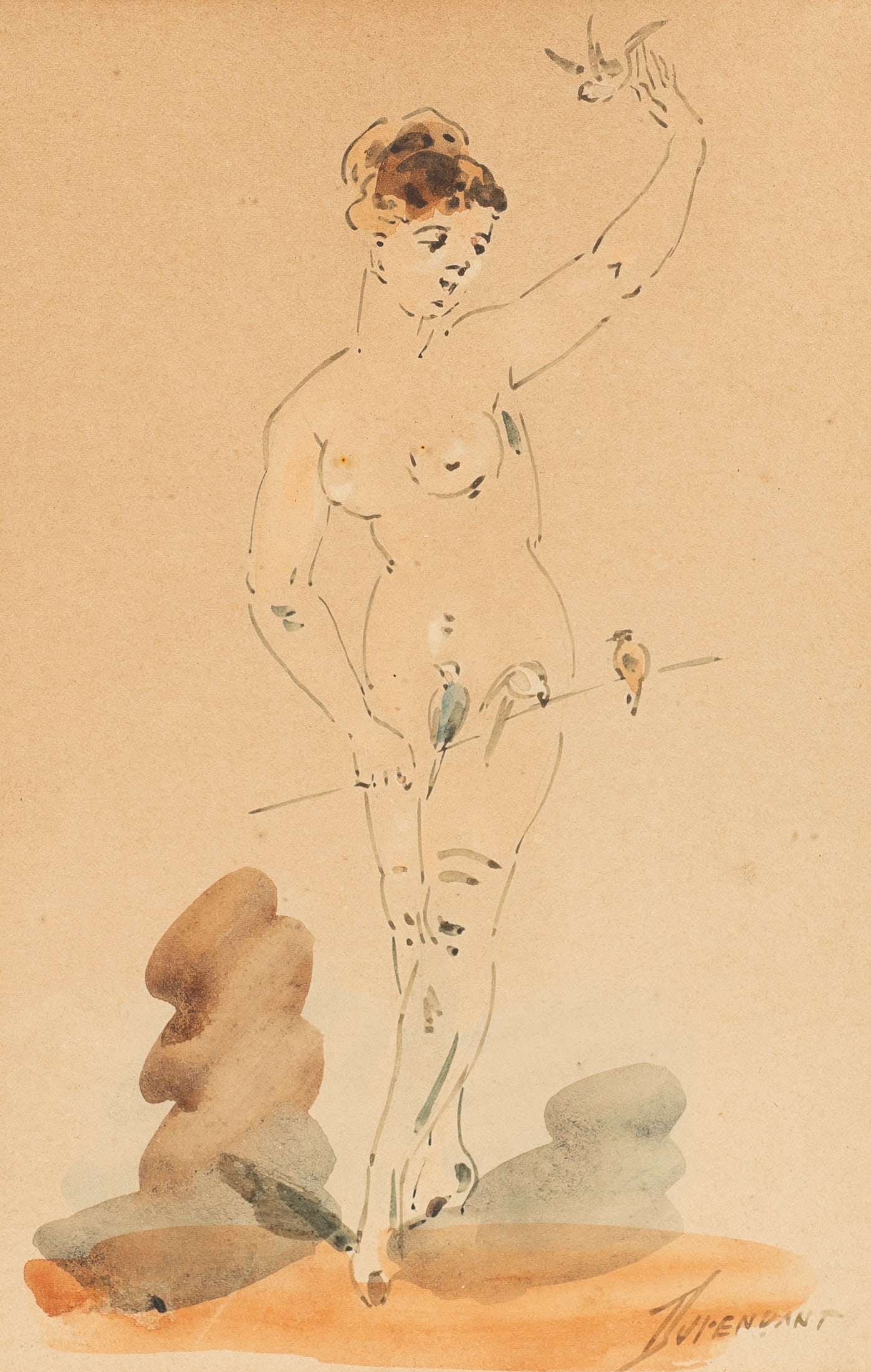 Watercolor of Nude Woman by Alexandre Dupendant.: Artist(s): Alexandre Dupendant (French, 1833-1884). Medium: Watercolor painting. Signature(s): Lower right. Paperwork/Provenance: N/A Condition: Signs of toning and minor foxing. The spots of