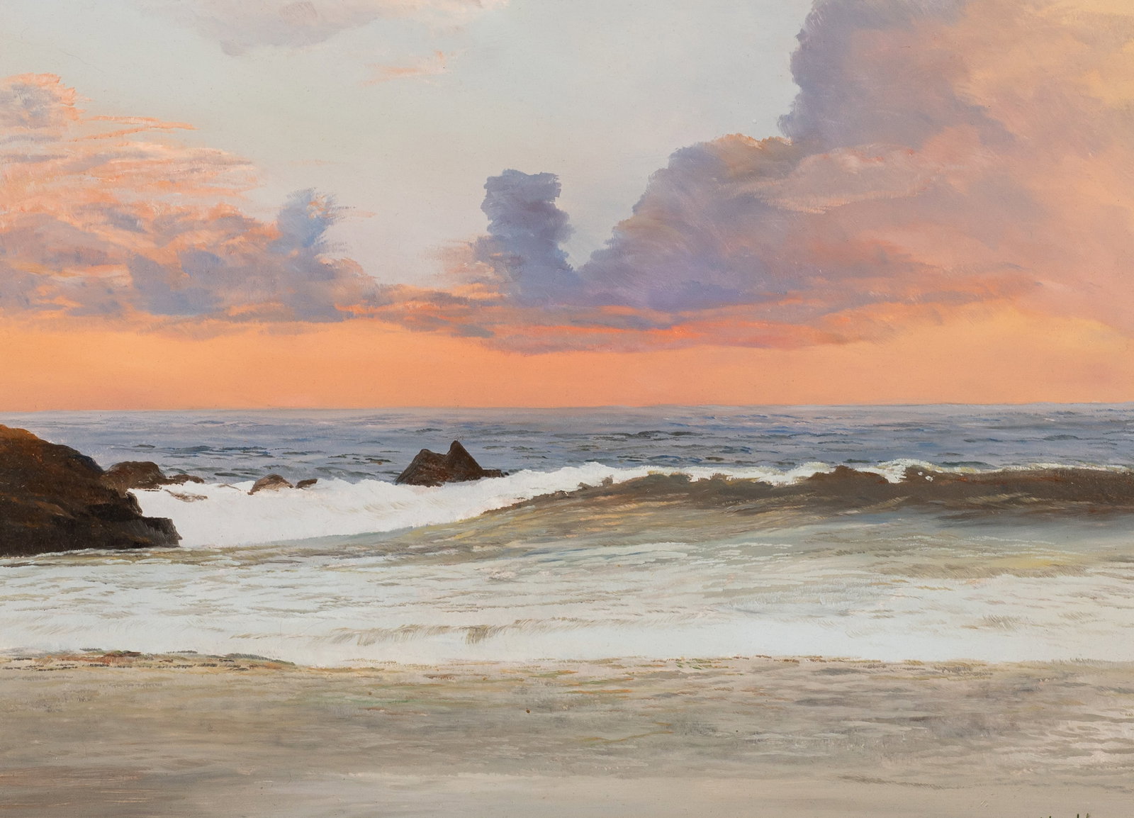 Last Light, Seascape Painting by Robert Hamblen.: Artist(s): Robert Hamblen (American, 1932-2017). Medium: Oil painting on masonite. Signature(s): Lower right. Titled en verso. Paperwork/Provenance: N/A Condition: No visible damage to the work.