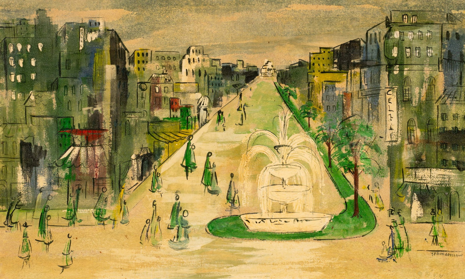 Large Abstract Street Scene Sgd. Stringfellow.: This lot contains an oil painting on canvas board signed, "Stringfellow". Paperwork/Provenance: N/A Condition: Darkened varnish and signs of surface grime. Wear and paint loss to the frame. Measuremen