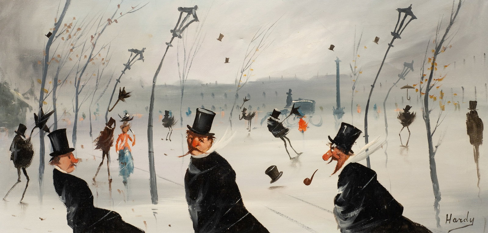 Surrealist Style Street Scene, Howard C. Hardy.: Artist(s): Howard C. Hardy (American, 1900-1988). Medium: Oil painting on canvas. Signature(s): Lower right. Artist summary en verso. Paperwork/Provenance: N/A Condition: Puncture to the upper middle