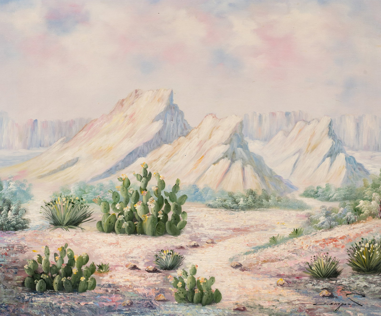 Desert Landscape Painting, S. Shepard.: Artist(s): S. Shepard (20th/21st century). Medium: Oil painting on canvas. Signature(s): Lower right. Paperwork/Provenance: N/A Condition: Good overall condition, with a few scuffs to its frame.
