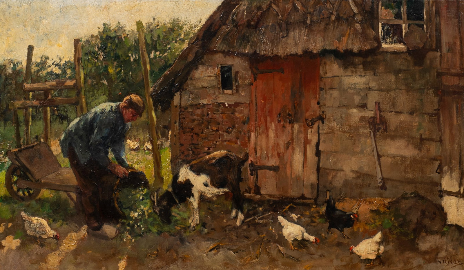Farmer Feeding Livestock, Willem van der Nat.: Artist(s): Willem Hendrik van der Nat (Dutch, 1864-1929) Medium: Oil painting on canvas. Signature(s): "v. d. Nat", lower right. Paperwork/Provenance: N/A Condition: Darkening varnish and very minor