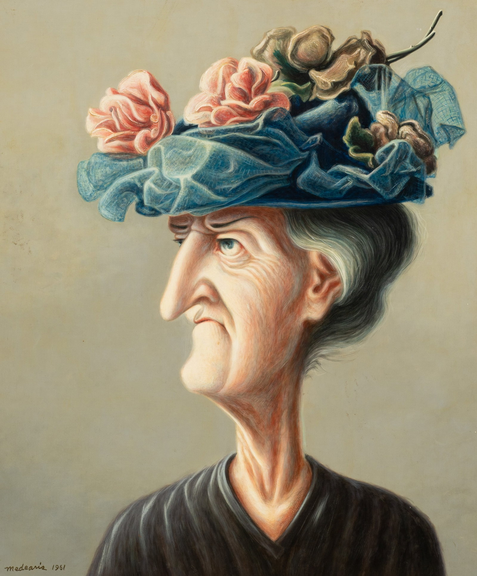 The New Hat, Egg Tempera Painting, Roger Medearis: Artist(s): Roger Norman Medearis (American, 1920-2001) Title/Subject: "The New Hat" Medium: Egg tempera on board. Signature(s): "Medearis 1961", lower left. "The New Hat / Egg Tempera / Roger