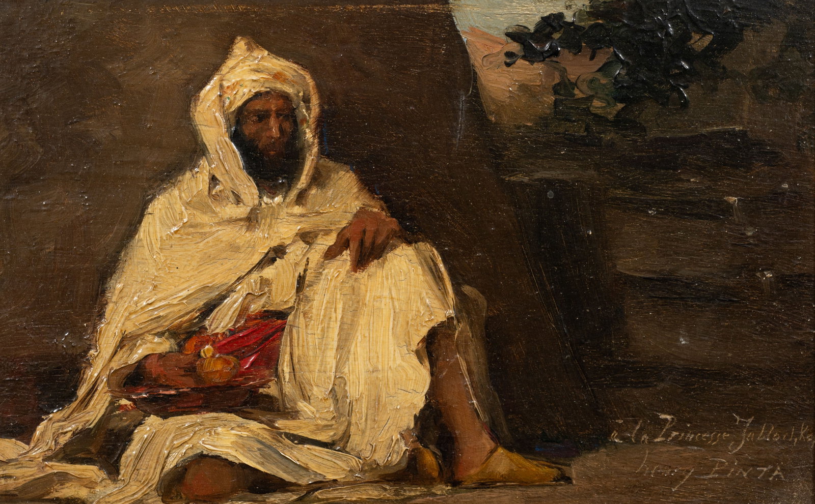 Antique Painting of Arabic Man, Henry Pinta.: Artist(s): Bears the signature of Henri Ludovic Marius Pinta (French, 1856-1944). Medium: Oil painting on panel. Signature(s): "Henry Pinta", lower right. "a la Princess Jablod, KoF" is inscribed