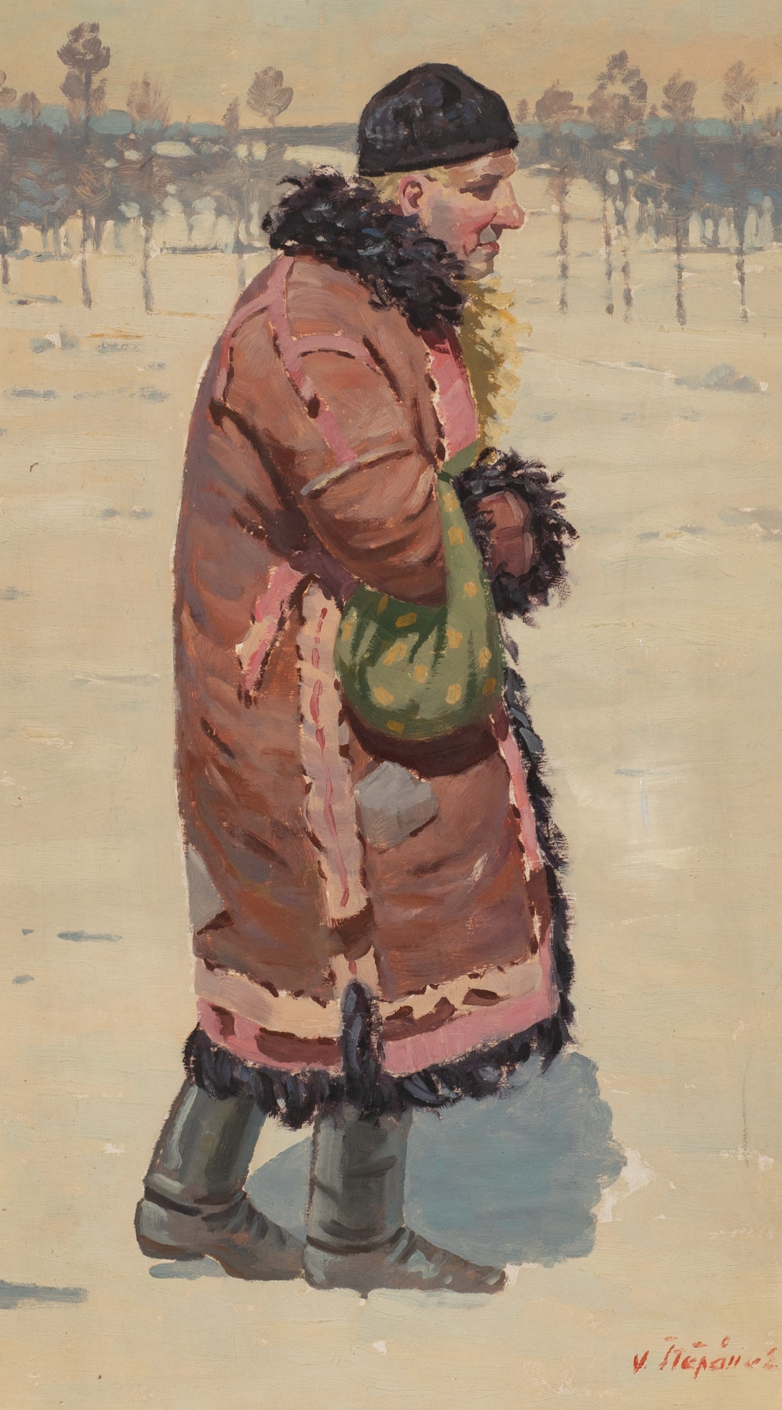 Man Trudging Through Snow, Vladimir Stepanek.: Artist(s): Vladimir Stepanek (Czech, 1906-1991). Medium: Oil on board. Signature(s): "V. Stepanek", lower right. Paperwork/Provenance: N/A Condition: A few scuffs, mainly along the right-hand side of
