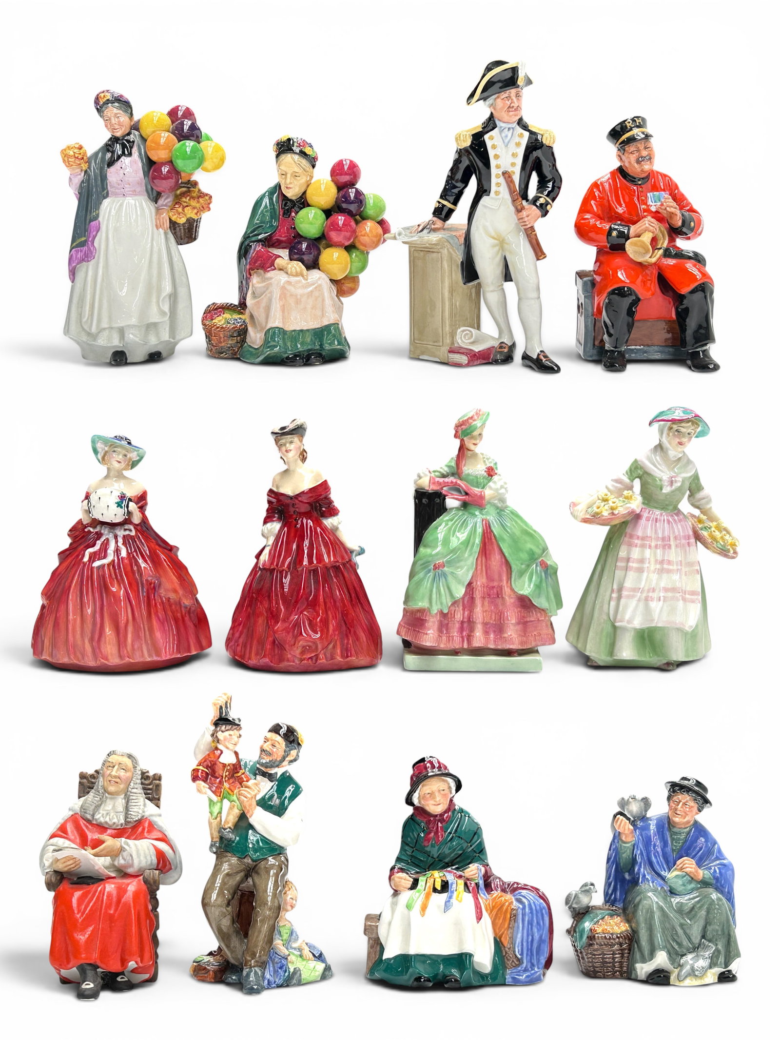 Lot of 12 Royal Doulton Figurines.: They look to be in very nice condition. The lot includes The Captain, Silk & Ribbons, Tuppence a Bag, Old Balloon Seller, The Judge, Kate Hardcastle, and more. The largest figure measures 6" x 3 1/2"