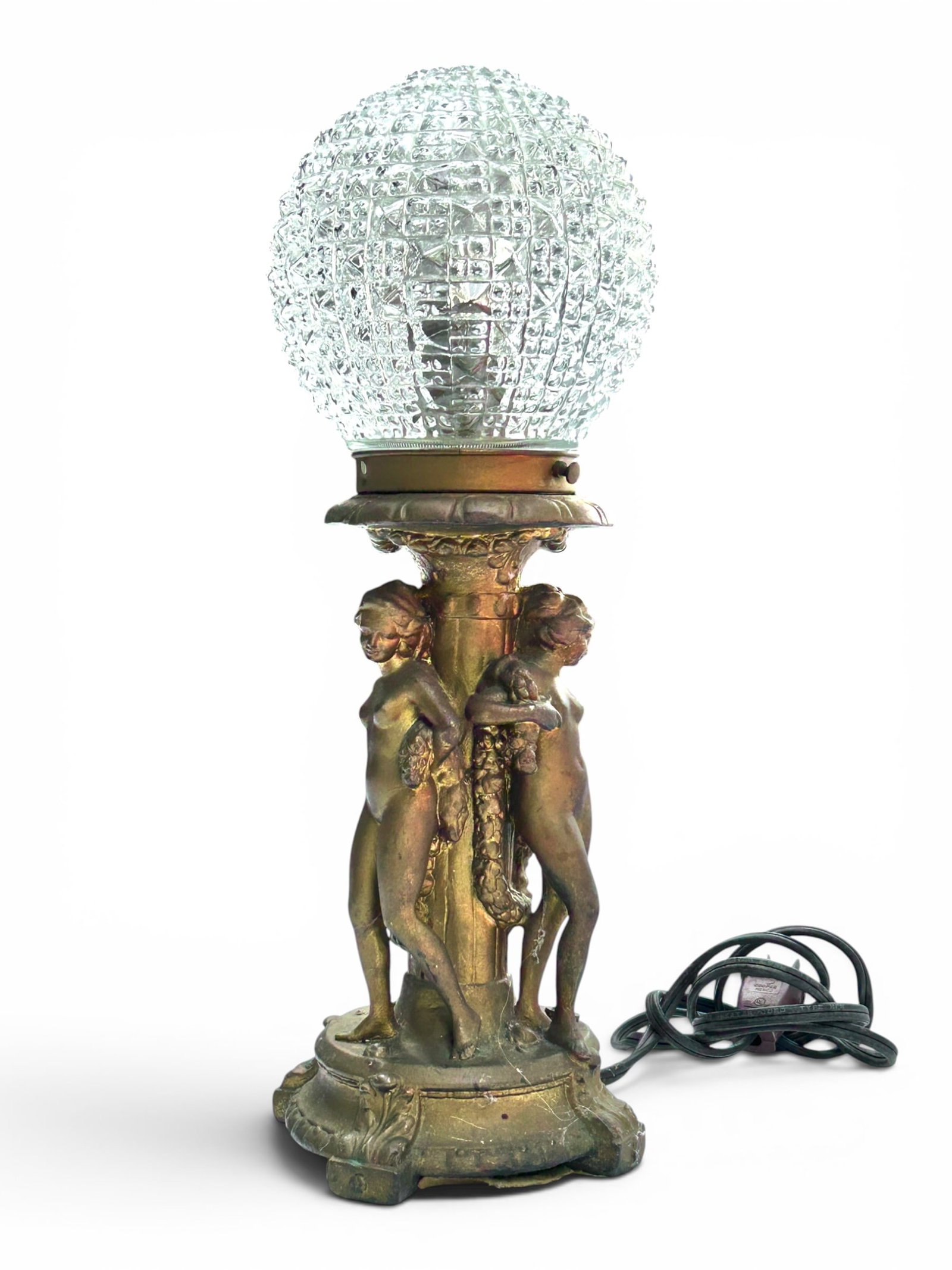 Spelter Globe Lamp w/ Three Nudes.: The base of the lamp is likely white metal with a bronze-like patina. The textured glass globe shade looks to be in good condition. The lamp could use a light cleaning. The measurements are 6" x 6" x 
