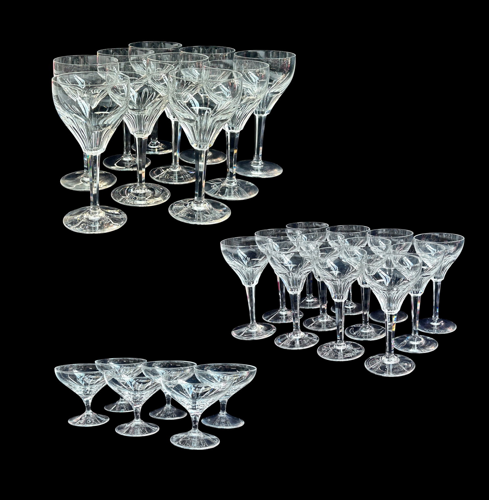 29 Pcs. of Crystal Stemware - Royal Leerdam ?: None of the items appear to be signed. The six smallest items look to be sherbet glasses, in a different pattern than the rest of the lot. The majority of the glasses look to be Royal Leerdam, in the 