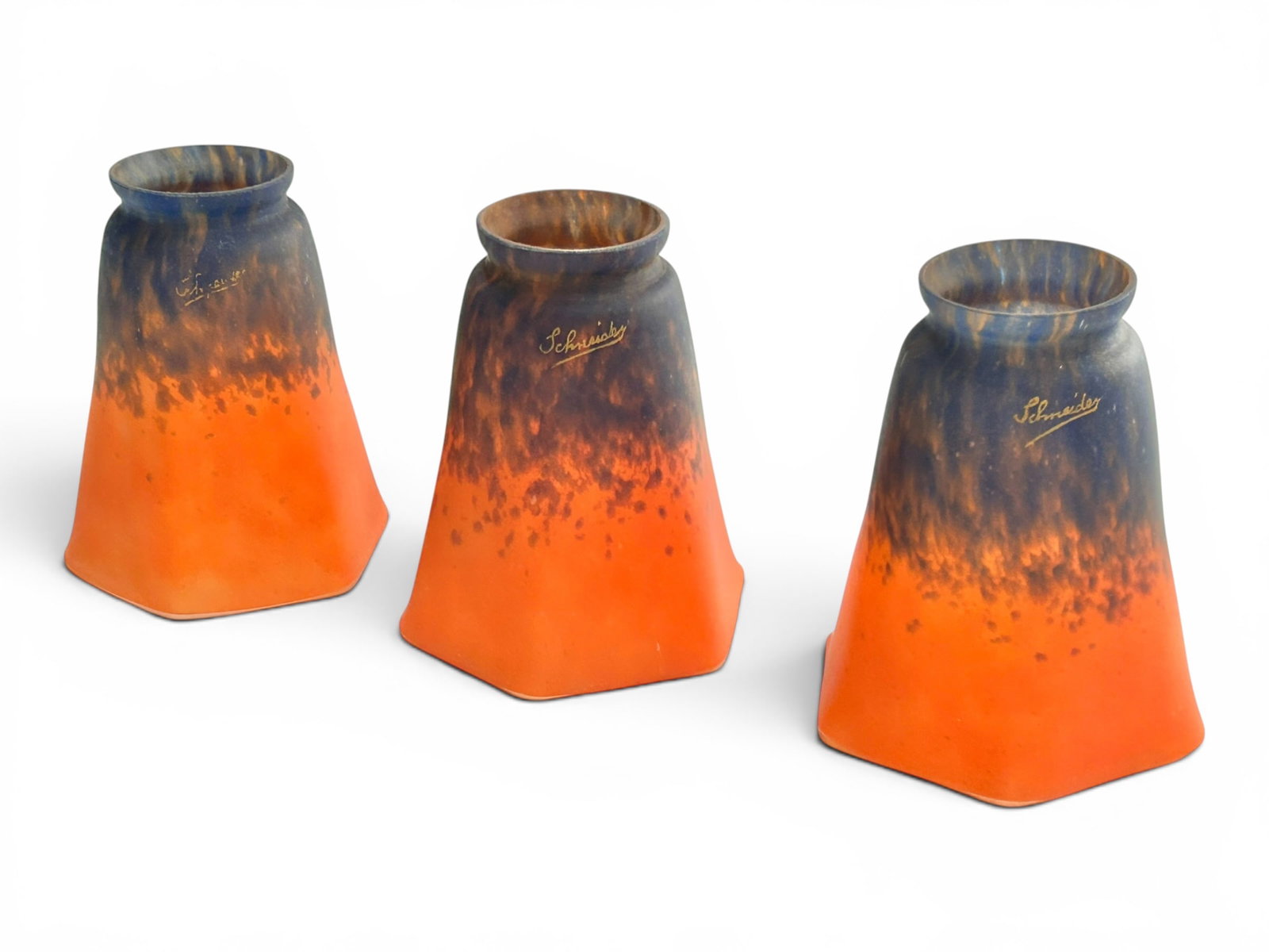 Set of 3 Signed Schneider Art Glass Lamp Shades.: They look to be in nice cosmetic condition overall. Each one measures 3 7/8" x 3 7/8" x 5 1/8". In-house shipping is available. Please see our website regarding in-house shipping procedures.