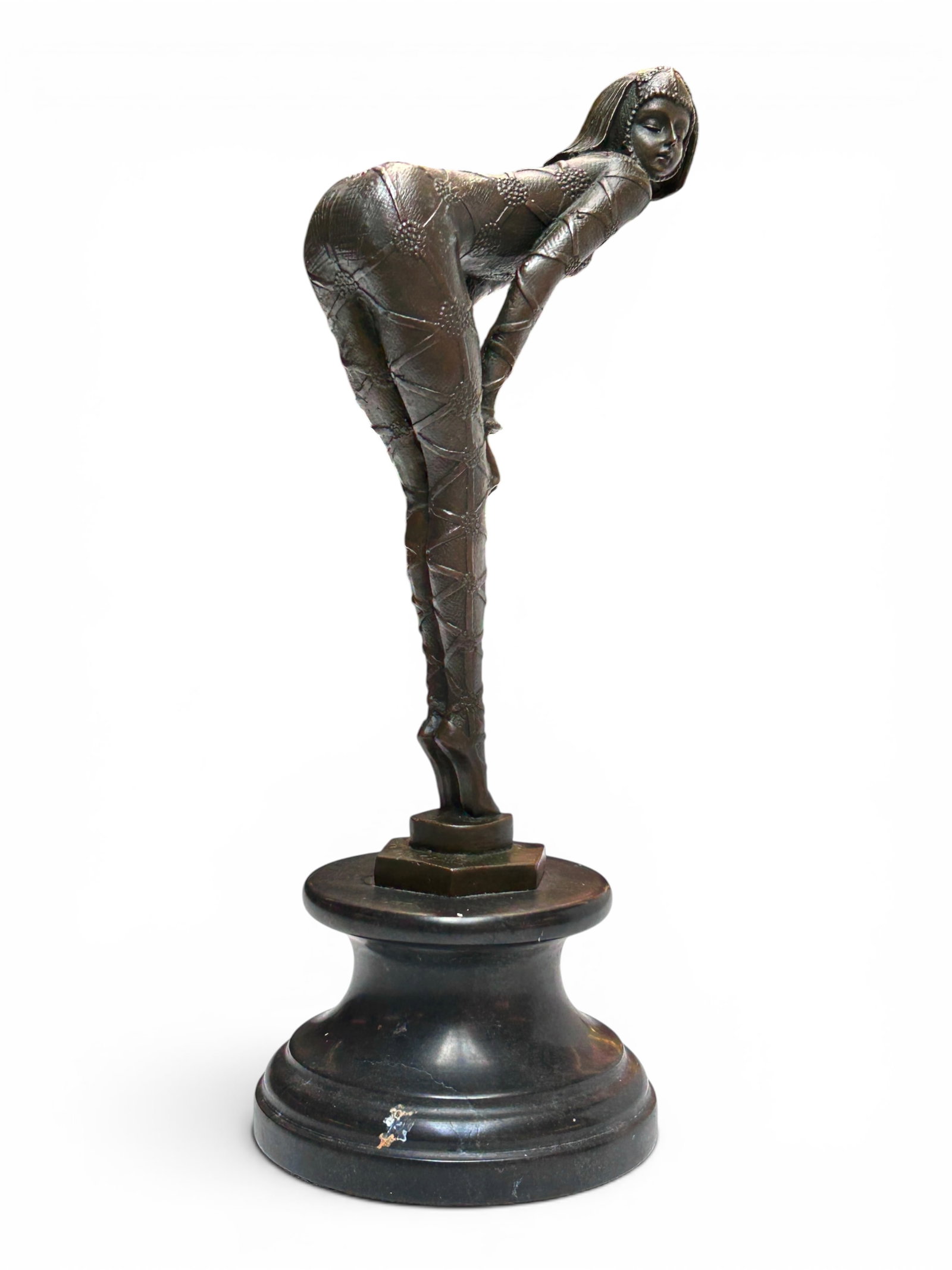 After Chiparus Art Deco Harlequin Dancer Bronze.: The bronze figure is on an attached marble base. Overall, the piece looks to be in good condition. The dimensions are 6" x 5 1/8" x 13 1/2". In-house shipping is available. Please see our website rega