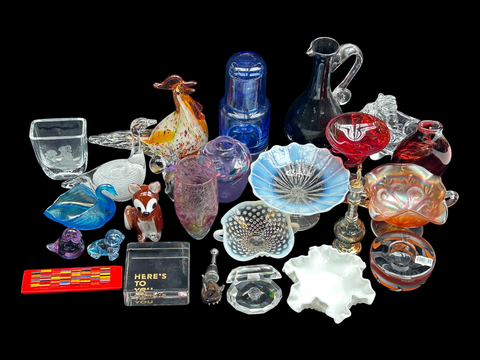 Lot of Art Glass - Kosta Boda, Marcolin, Vannes.: This lot includes animal figurines, vases, compotes, and more. Some of the brands include Kosta Boda, Marcolin, Vannes, Loretta Eby, Anna Lee Chalos-McAleese, and more. Most of the lot looks to be in 