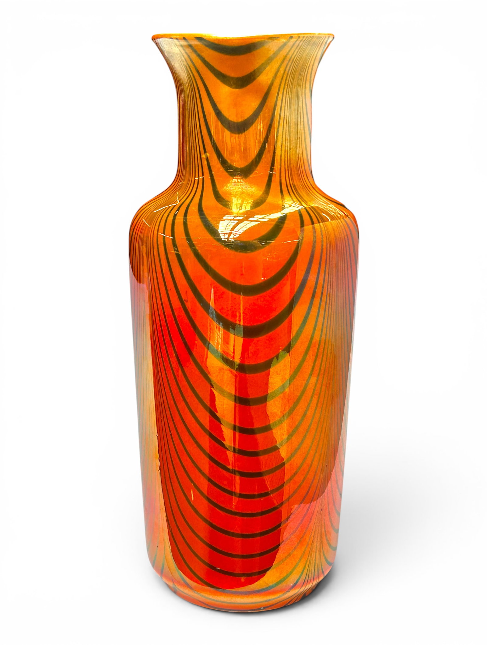 Imperial Freehand Orange Lead Lustre Festoon Vase.: This antique hand-blown art glass vase has a pulled feather or festoon design, with an orange lead luster finish. It measures 11 7/8" tall and up to 5" in diameter. There is minimal discoloration and