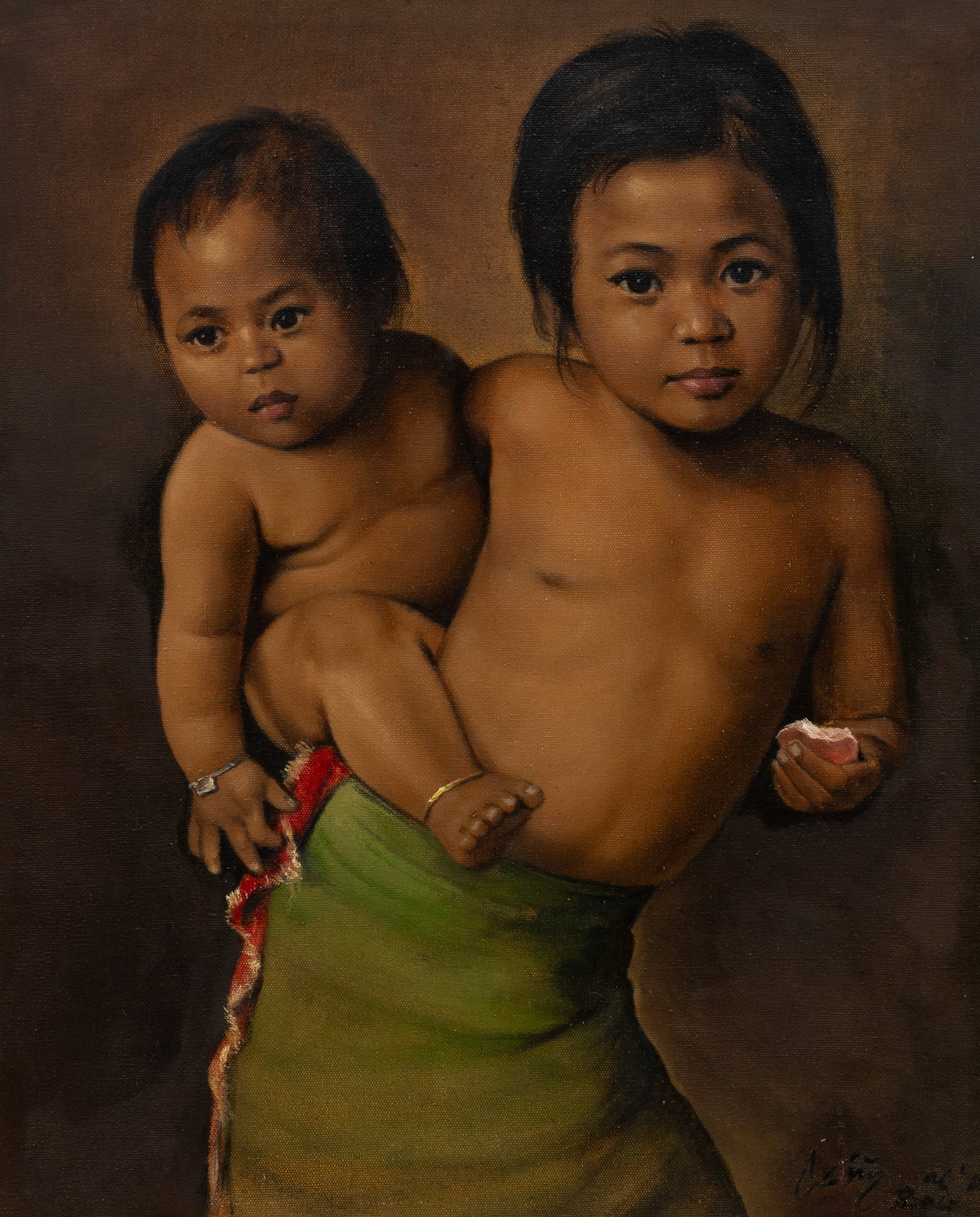 Painting of Balinese Children, Dullah.: Artist(s): Dullah (Indonesian, 20th/21st Century). Medium: Oil painting on canvas. Signature(s): Signed faintly, lower right. Paperwork/Provenance: N/ACondition: Mended patch to the lower right corner