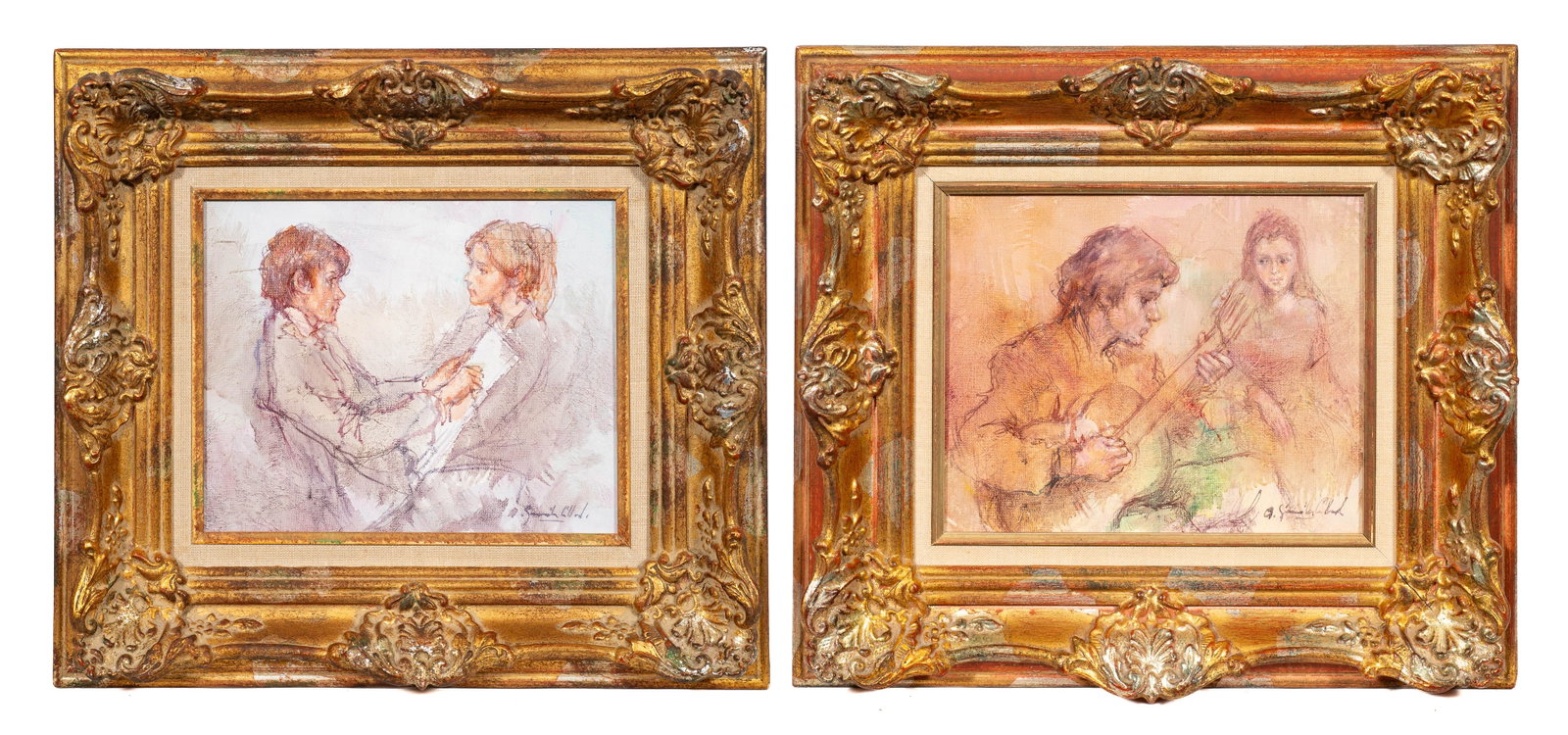 Music & Art Lessons, Paintings by Antonio Collado.: Artist(s): Antonio Gonzalez Collado (Spanish, b. 1930). Medium: Oil painting on canvas. Signature(s): Both are signed in their lower right corners. Paperwork/Provenance: Both have stamps from the arti