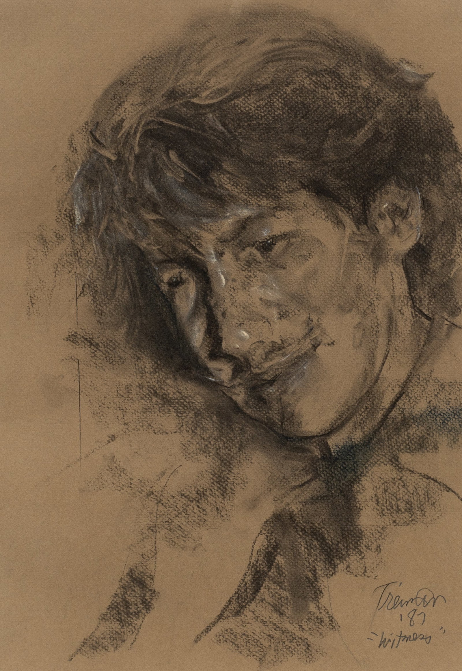 "Witness", Portrait Drawing by Joyce Treiman.: Artist(s): Joyce Wahl Treiman (American, 1922-1991). Medium: Charcoal and pencil on paper. Signature(s): Signed, titled, and dated lower right. Paperwork/Provenance: Attached en verso is a label from 