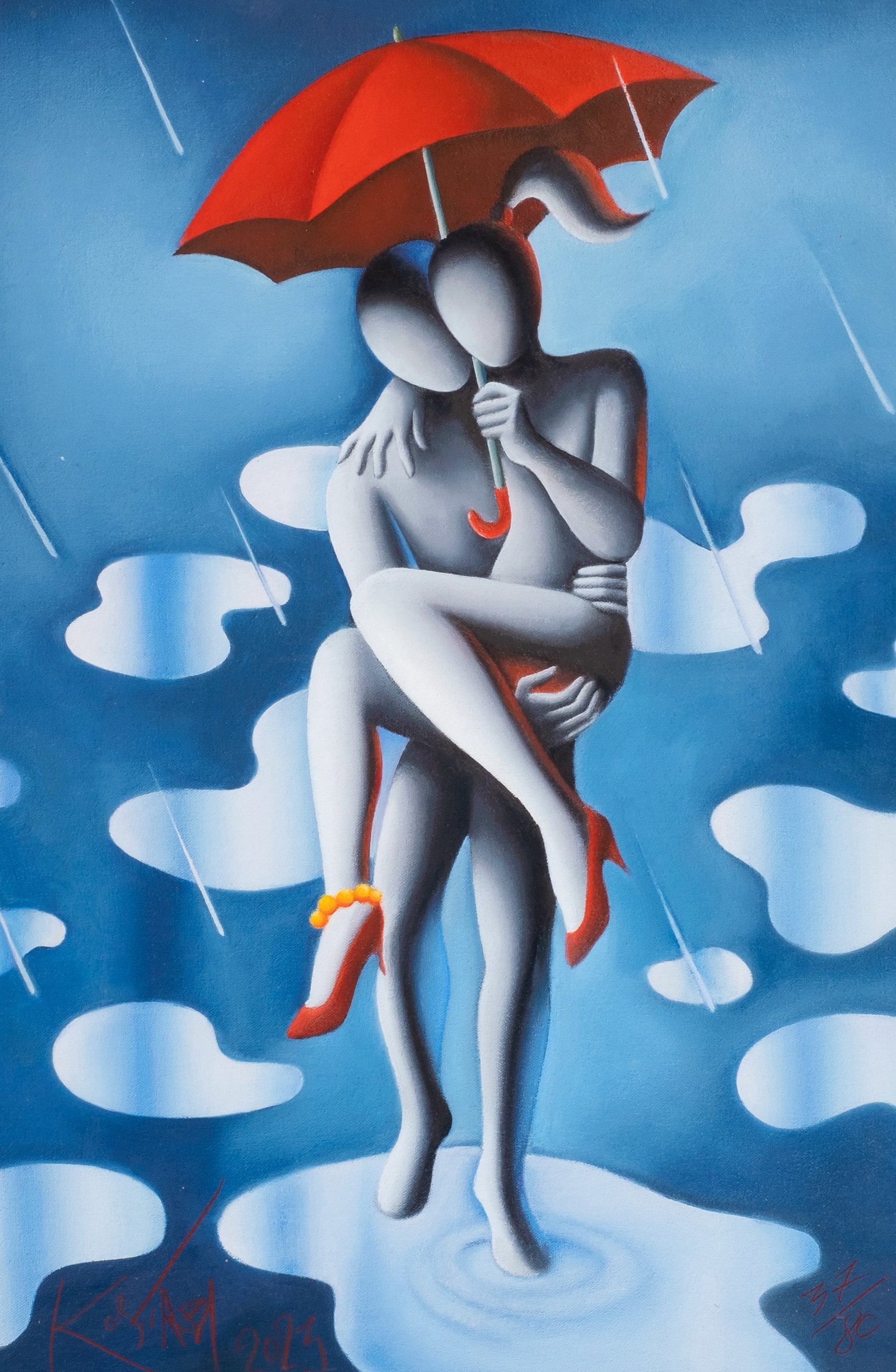 "Being There", Signed Mark Kostabi LE Giclee.: Artist(s): Mark Kostabi (American, b. 1960). Medium: Giclee in color on paper. Signature(s): Lower left. Dated from 2023, and numbered 37 out of 80. Paperwork/Provenance: Comes with a certificate of a