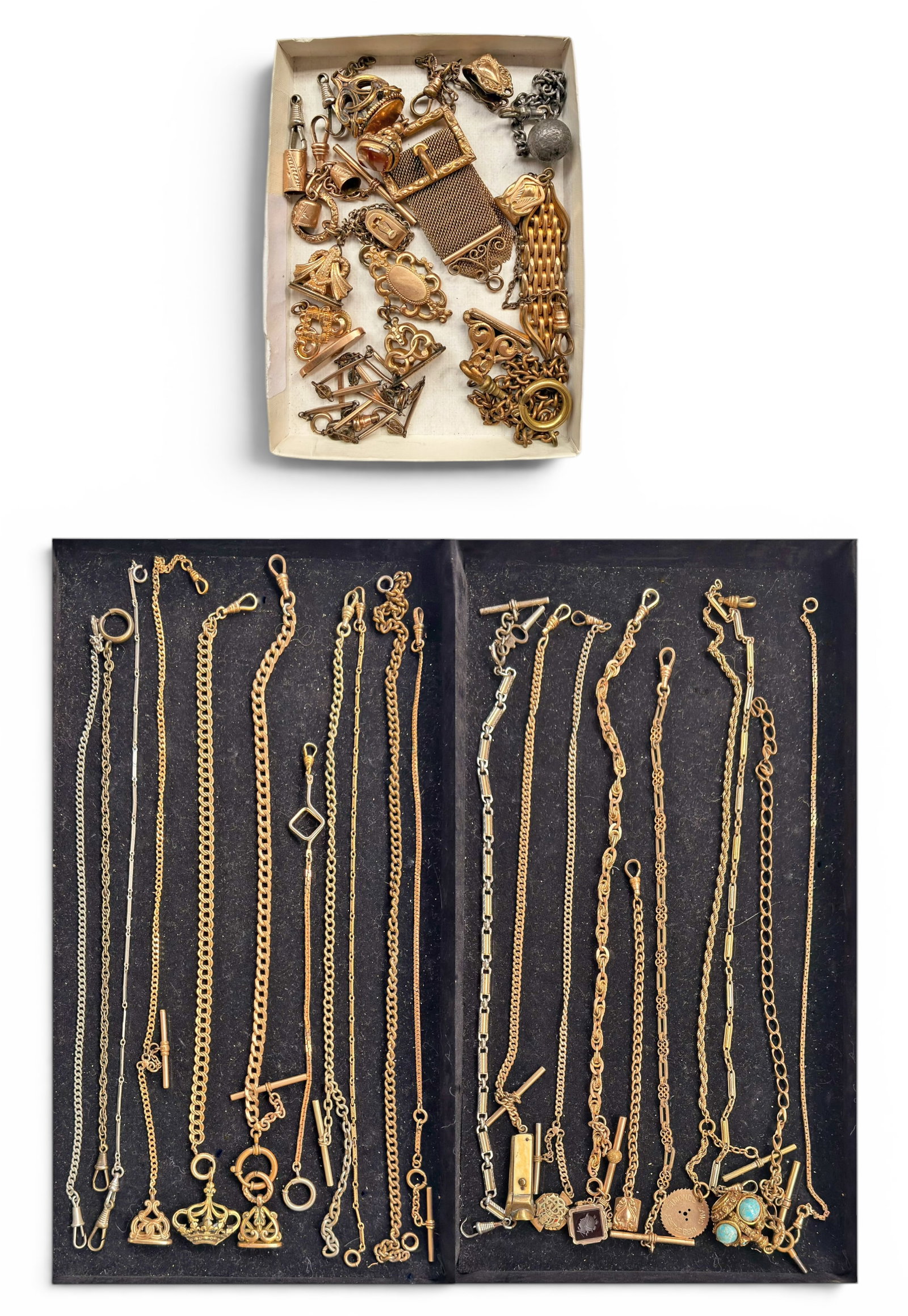 Lot of Watch Fobs & Fob Charms - Antique, G.F.: The lot contains 28 watch fobs and 6 extra fob charms. Some of the fobs have attachments, including a cigar cutter, a locket, Brotherhood Railroad Trainmen, Simonds Saws are the Best, crowns charms, a