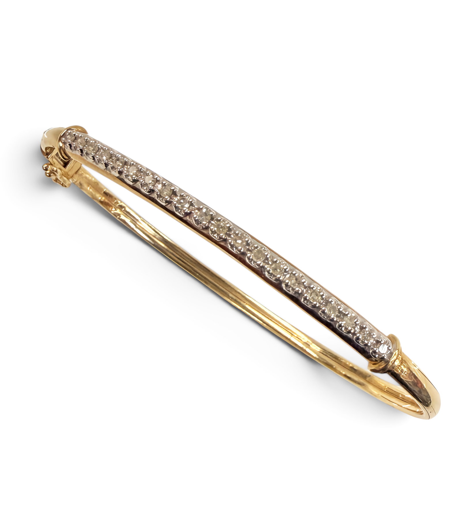 10K Yellow Gold & Diamond Cuff Bracelet.: The bracelet is marked 10K along with a maker's mark on one side of the diamond section's setting, and 1/4 on the other side of the setting. The 1/4 signifies that the bracelet has 0.25 carats of diam