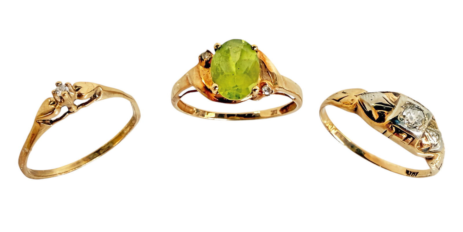 Three 10K Gold Rings - Peridot, Diamond, Antique. (1 of 4)