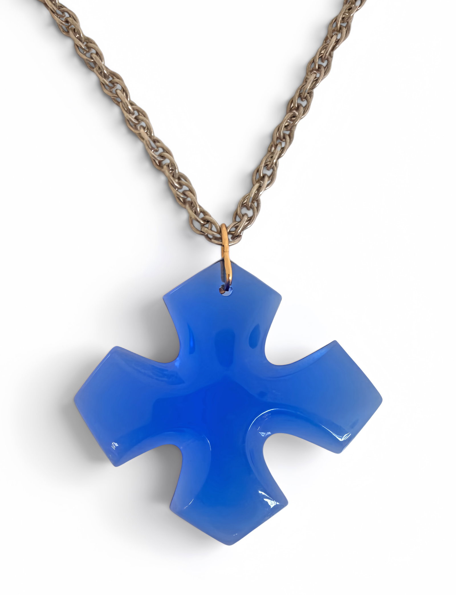 Baccarat Occitane Cross Necklace w/ 18K & 925.: The long necklace is composed of a sterling silver chain, an 18K yellow gold bale, and a blue crystal Baccarat La Folie Occitane cross pendant. The long sterling chain measures 35 1/2" long, and weigh