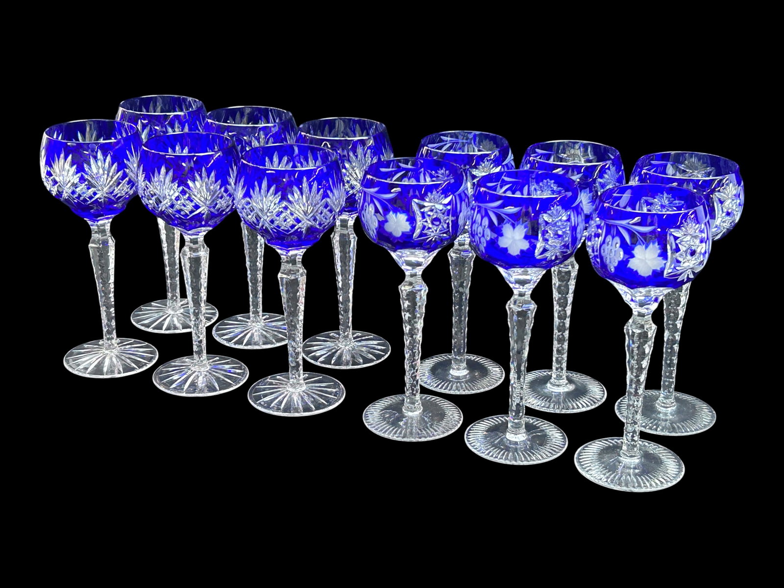 12 Bohemian Cobalt Blue Cut-to-Clear Goblets. (1 of 9)