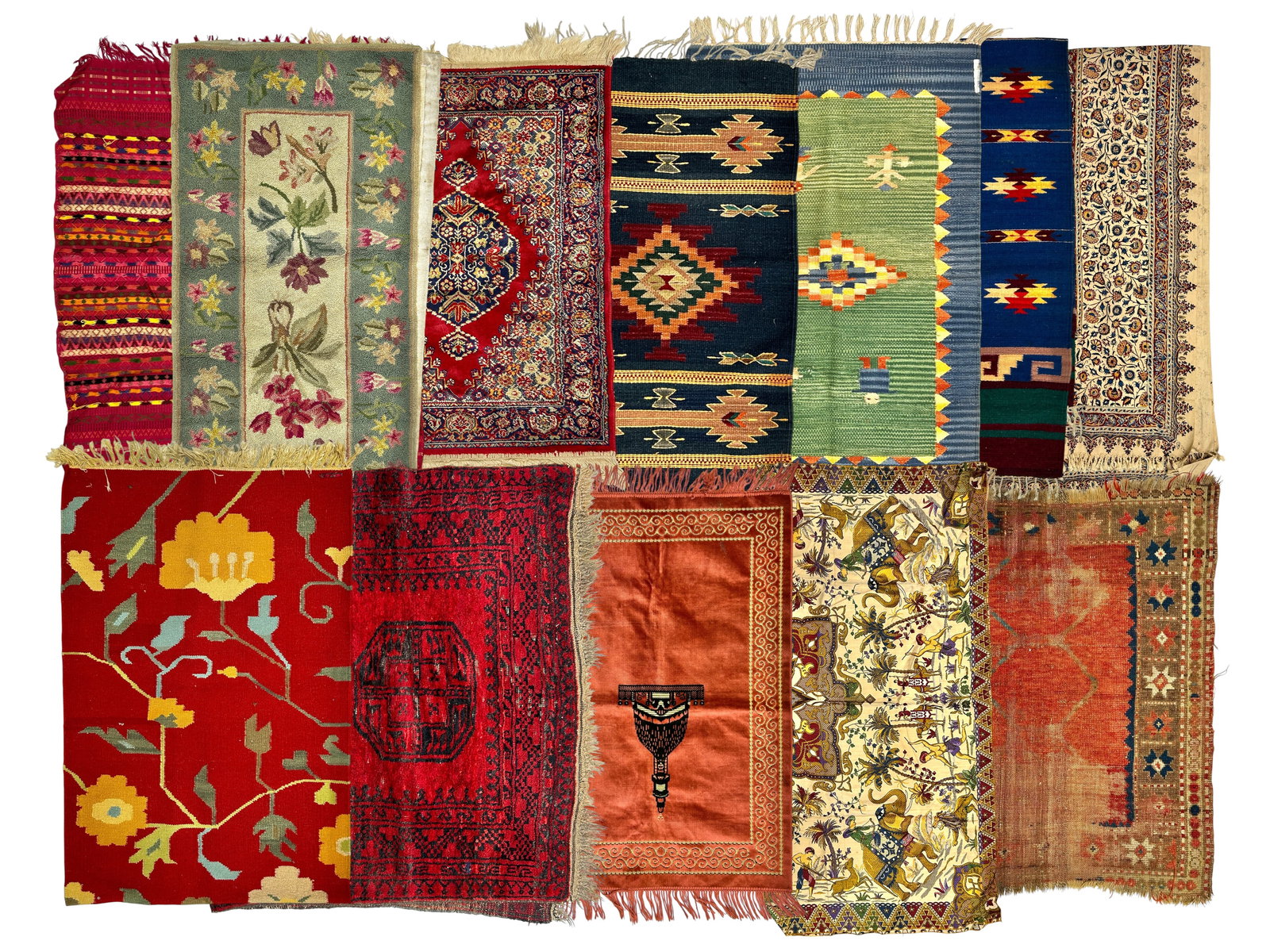 Lot of Rugs & Textiles - Mexican, Prayer, Runners.: The lot contains 12 items. There are 8 rugs and 4 textiles or tablecloths. The Mexican pieces are 2 small rugs and 1 table runner. Next, there are two floral runners. One is wool by the Petite Point H
