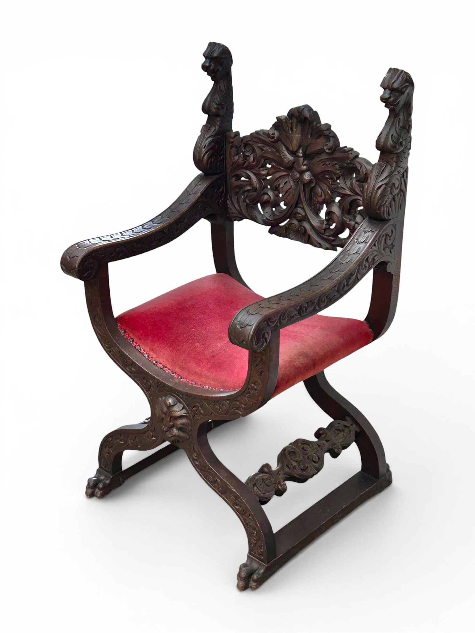 Heavily Carved Savonarola Oak Chair w/ Lion Heads. (1 of 12)