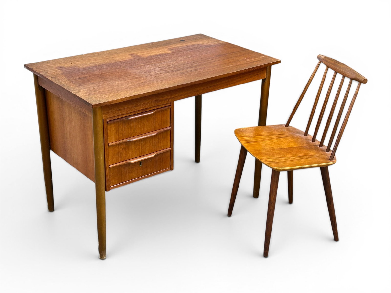 Ejsing Danish Teak Desk & Palsson J77 Chair.: The small writing desk has an Ejsing Mobilfabrik Made in Denmark sticker on the underside of the writing top. It has 3 drawers on one side, and slightly tapered legs. It measures 29" tall, 39 1/4" wid
