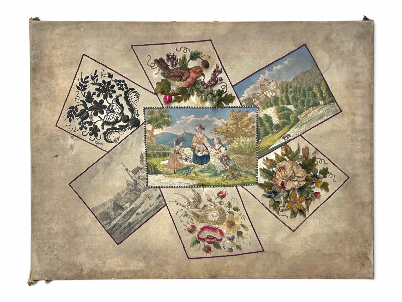 Antique European Victorian Embroidered Art Piece.: The antique art piece on silk features 7 sections displaying unique compositions created with thread, chenille, paint, seed pearls, and other materials. The central section features a 3 figure scene o