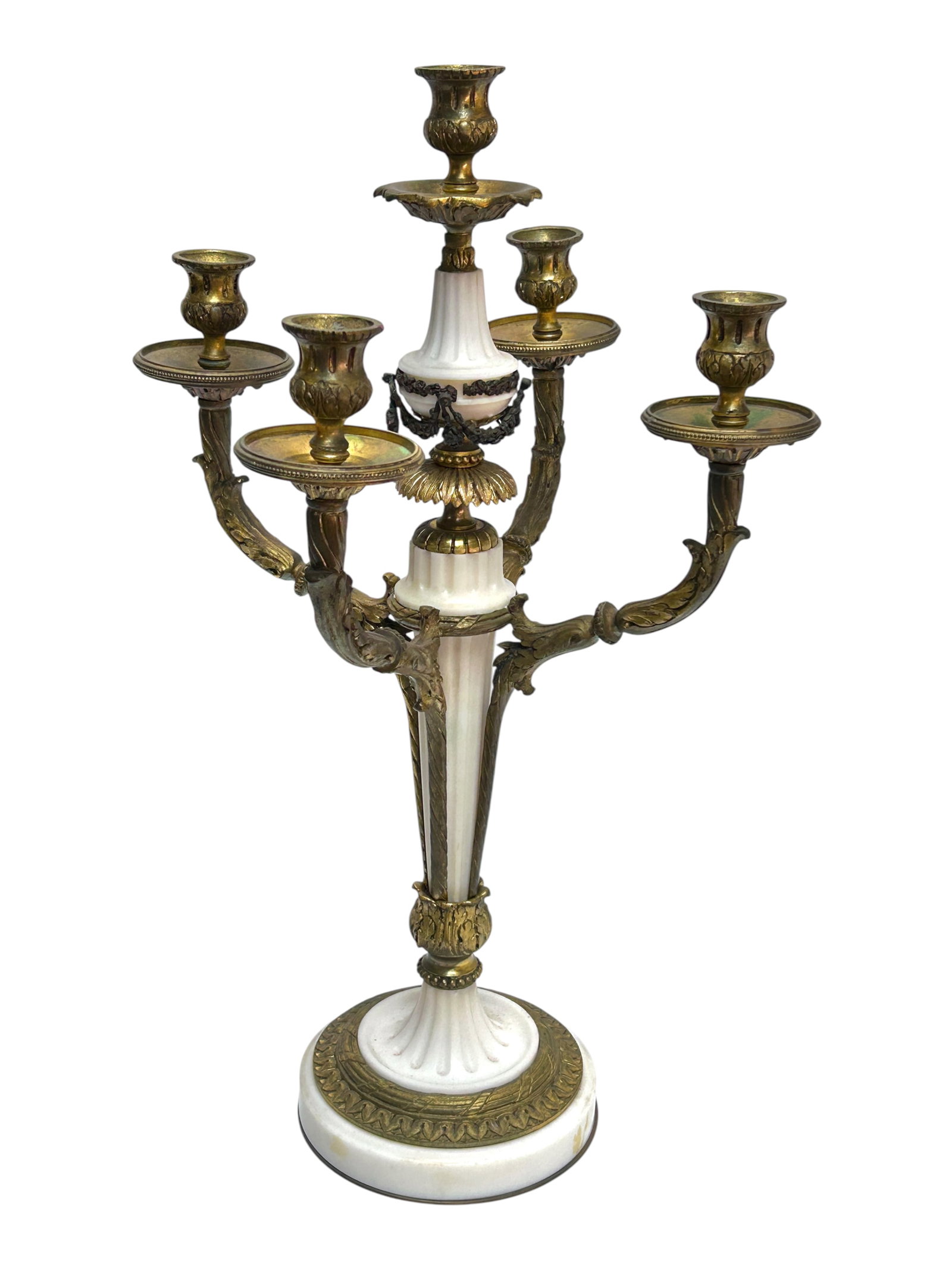 Marble and Bronze 5-Light Candelabra.: This possibly French Empire candelabrum looks to be in overall nice condition, with some small nicks and stains. It measures 14 1/8" x 14 1/8" x 22 3/8". Third-party shipping or personal pickup is req