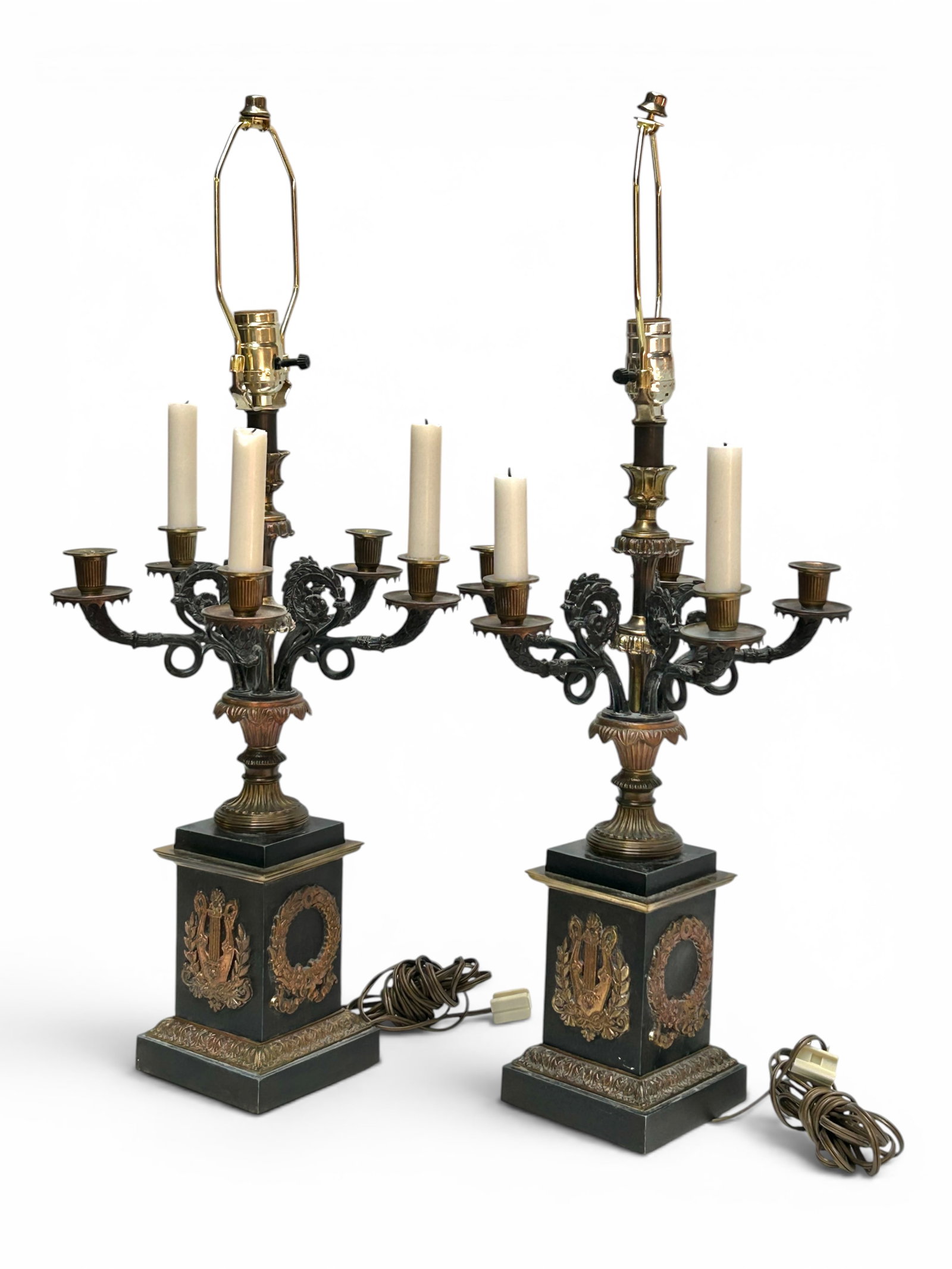 Pair of Electrified Candelabra Lamps.: These possibly French Empire candelabra look to be in overall nice cosmetic condition. Each one can accommodate five candles; the center light is electrified. The dimensions of each lamp are 11 3/8" x