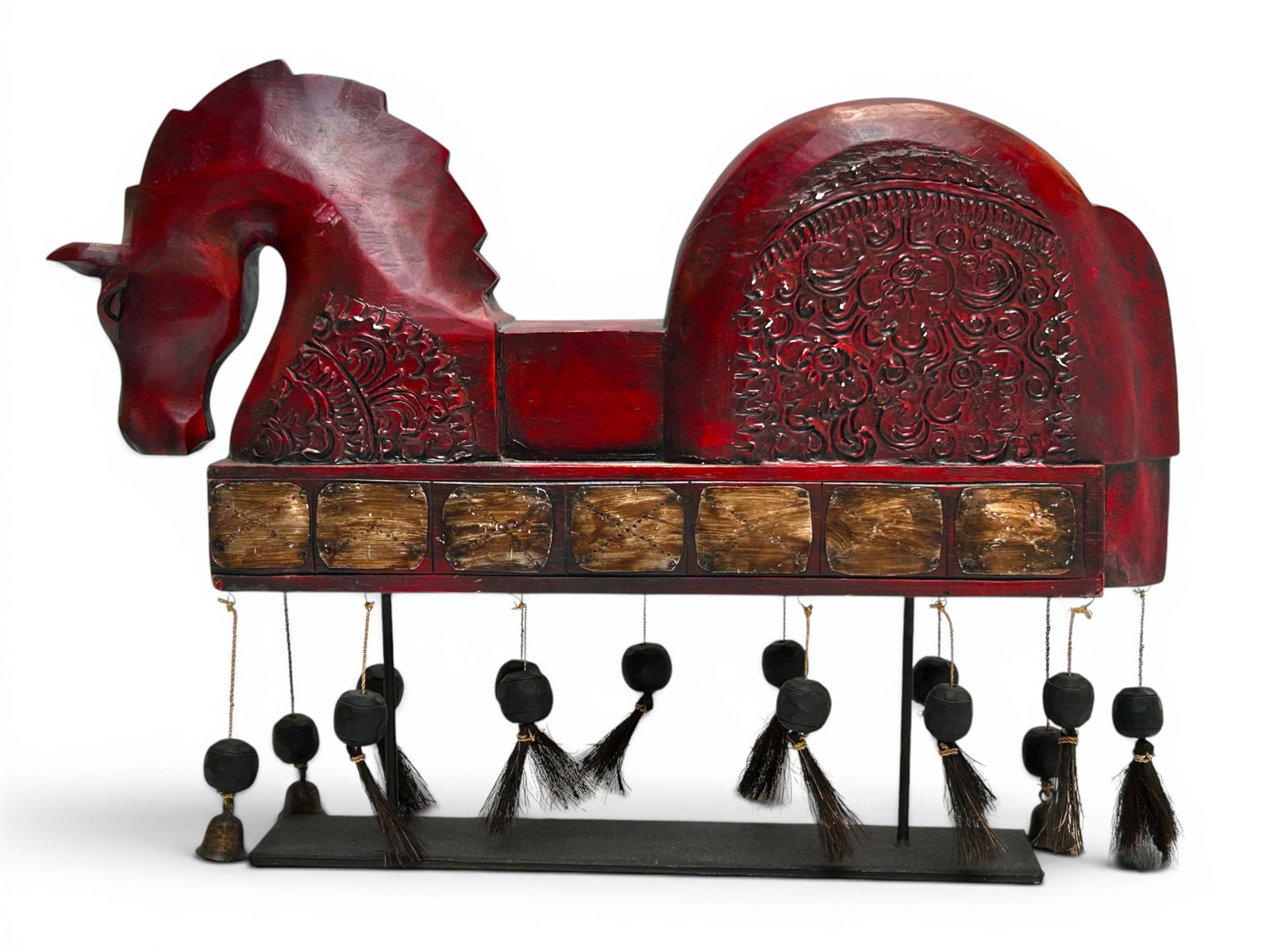 Asian Style Red Horse Table Sculpture.: The age is unknown; it does not appear to be very old. There are some scratches, but overall, it looks to be in good condition. The dimensions are 24 1/4" x 4 3/4" x 18 3/8". In-house shipping is avai