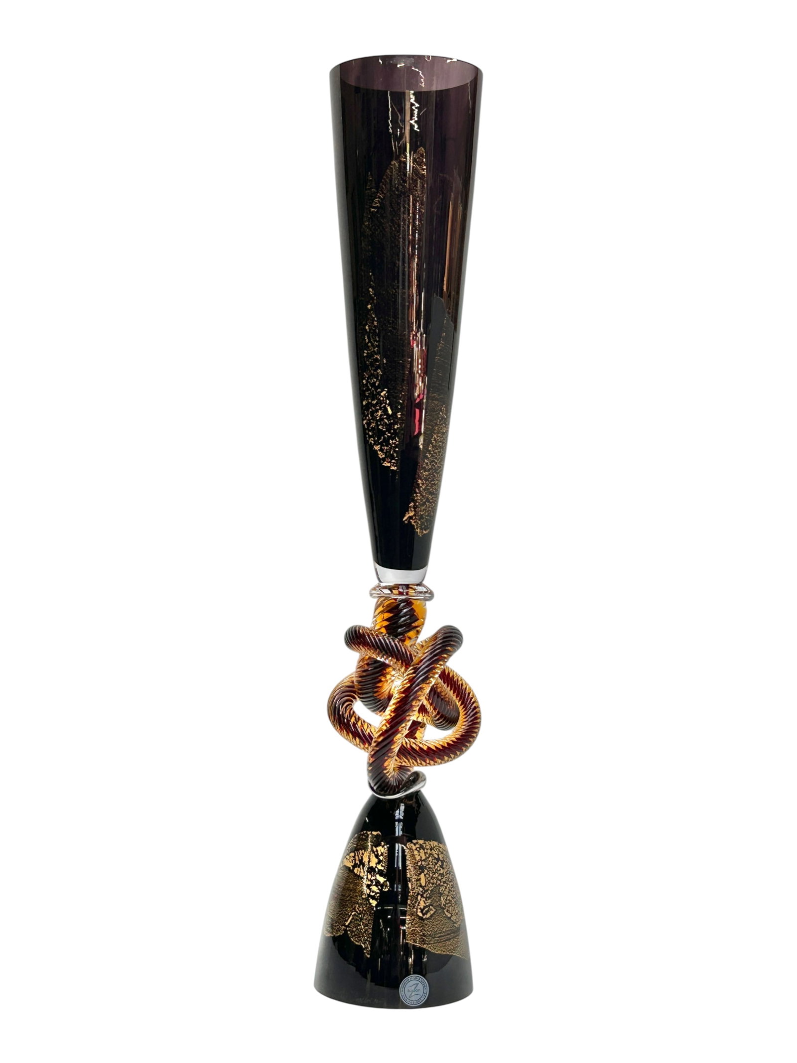 Fusion Z Infinity Knot Art Glass Vase.: It is made in the Czech Republic. The vase looks to be in very nice condition. The dimensions are 4 3/4" x 4 3/4" x 27 3/8". In-house shipping is available. Please see our website regarding in-house s