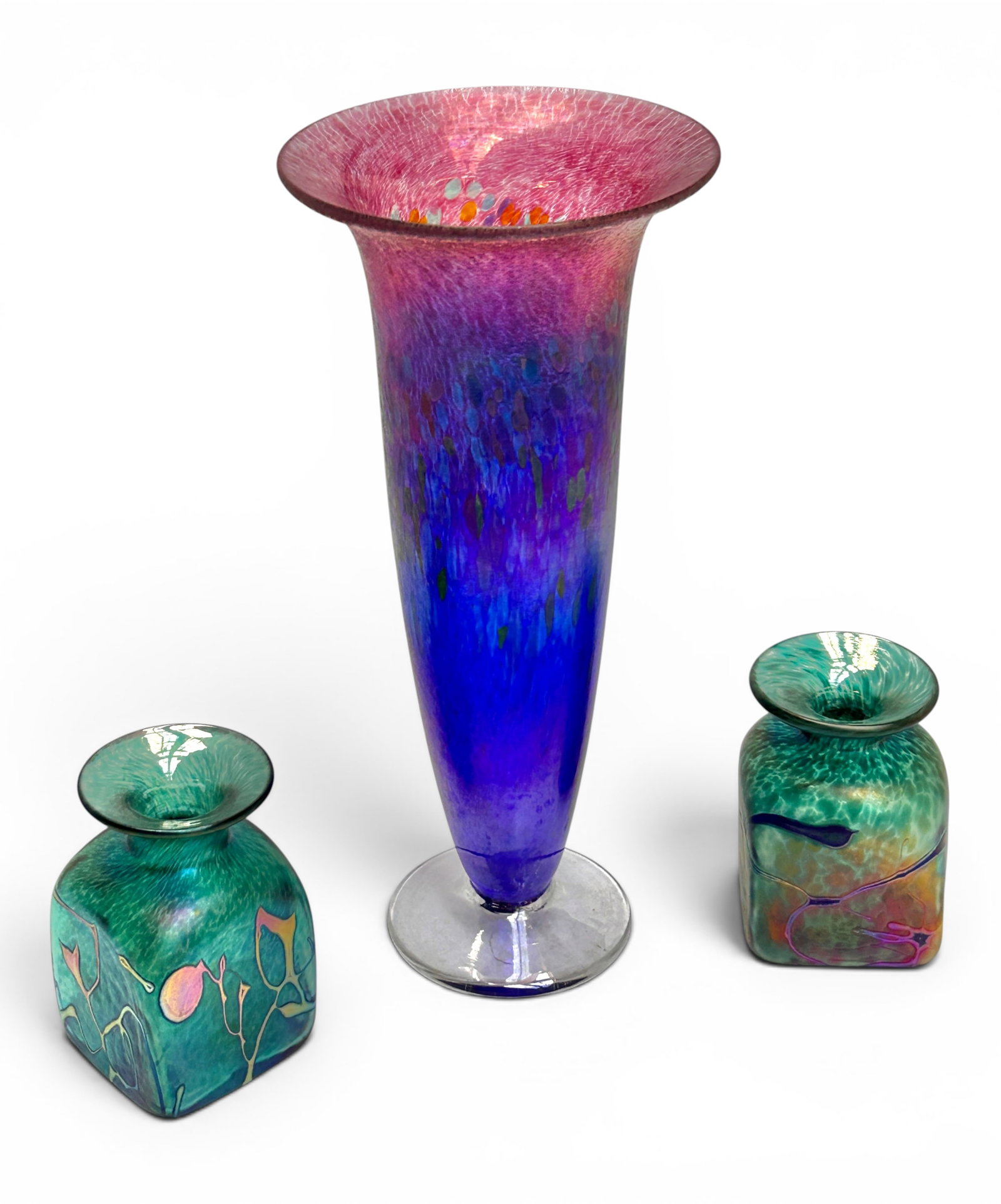 Lot of 3 Robert Held Art Glass Vases.: The two smaller green vases are a pair; they measure approximately 2 3/4 x 2 3/4" x 4 1/4". The larger trumpet vase measures approximately 5 3/4" x 5 3/4" x 12 1/8". The lot looks to be in very nice c