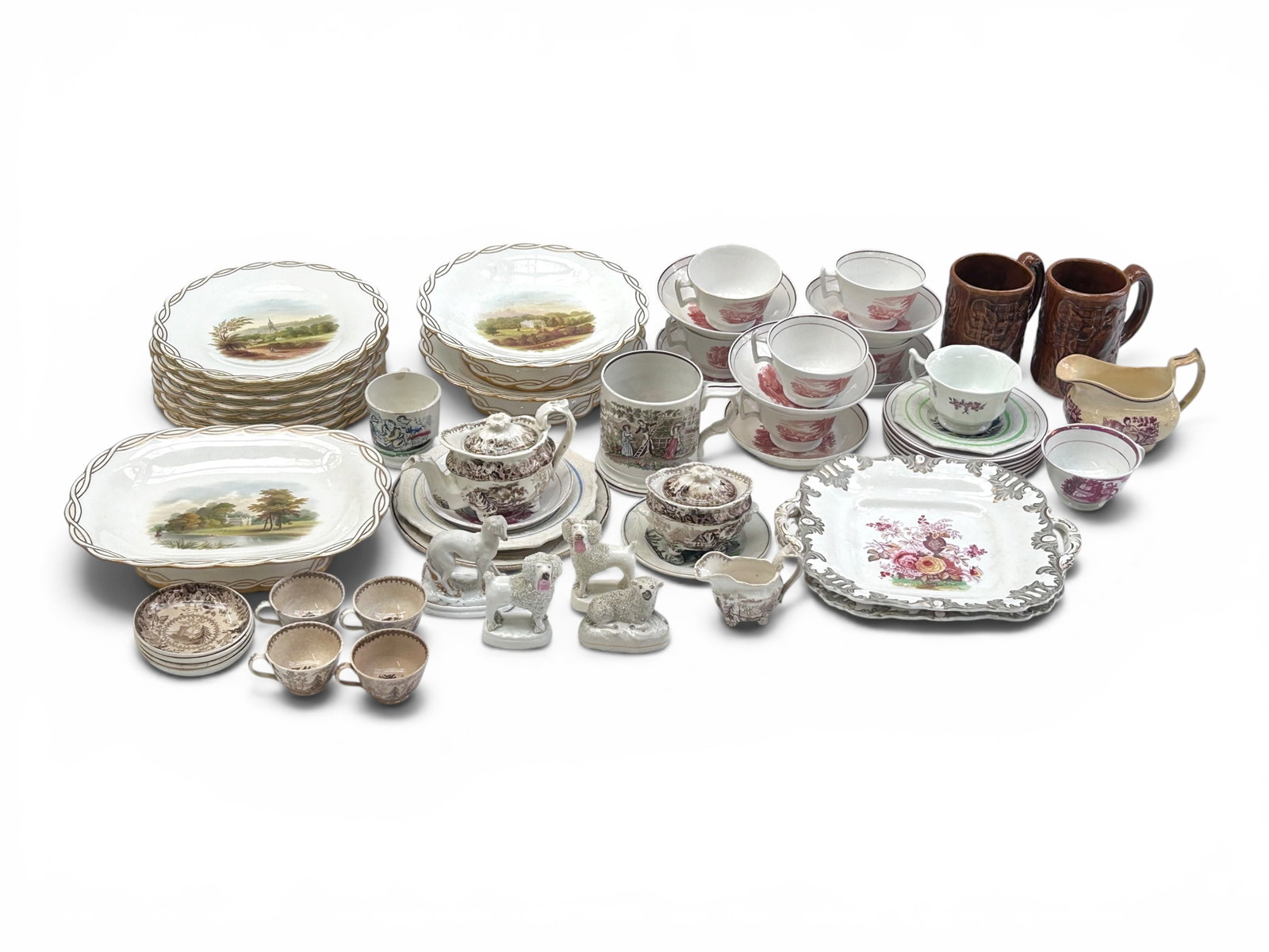 Lot: Staffordshire Figures, English China, etc.: The china set with a braided gilded border may be Minton. Also included are several small Staffordshire animals, transferware dishes, parrot mugs, and more. Some items have crazing, cracks or other co