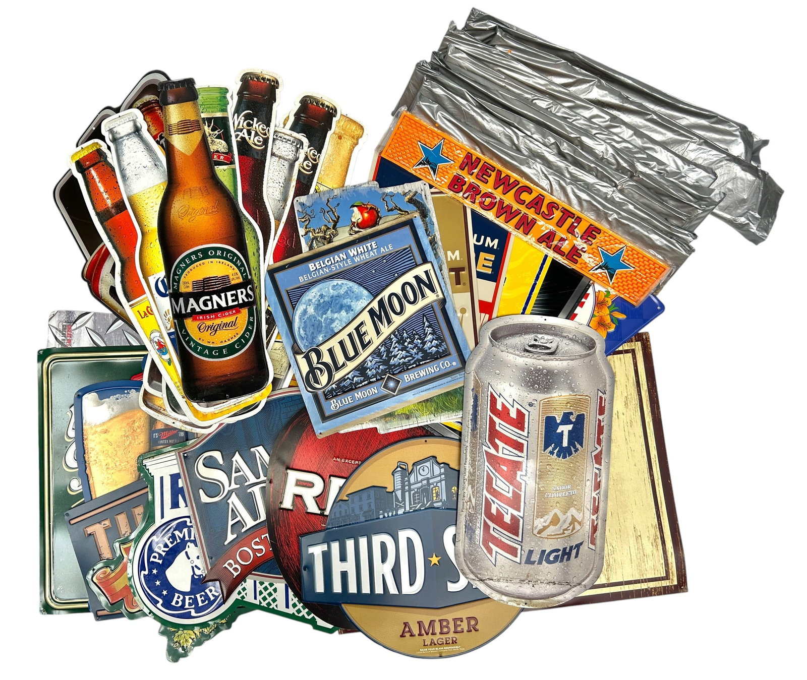 Lot of Assorted Bar Signs and Beer Mats.: The Newcastle beer mats appear to be new. The wall signs are mostly metal, and look to be used. They include ads for Miller, Angry Orchard, Tecate, Pilsner Urquell, Samuel Adams, and more. The largest