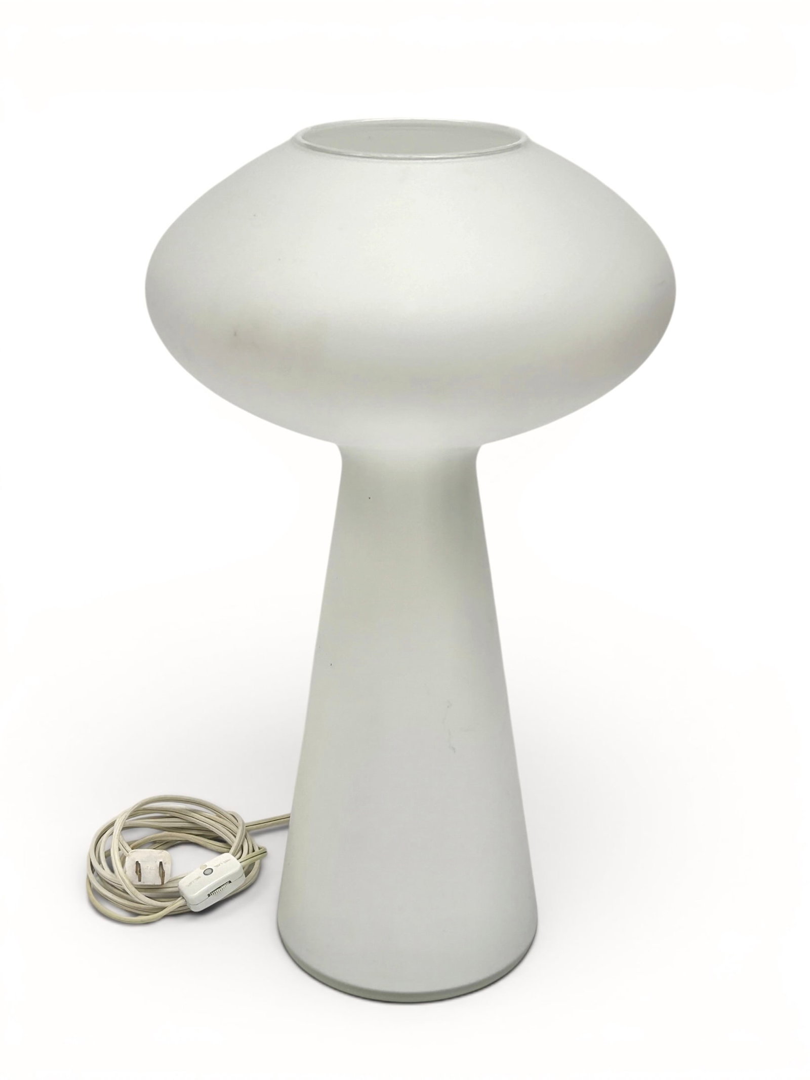 Lisa Johansson-Pape? Vintage Frosted Mushroom Lamp: There was originally a paper label by the cord, but it has mostly rubbed off. Overall, the lamp looks to be in nice condition. There are some small scratches and stains, but it presents well. Part of 