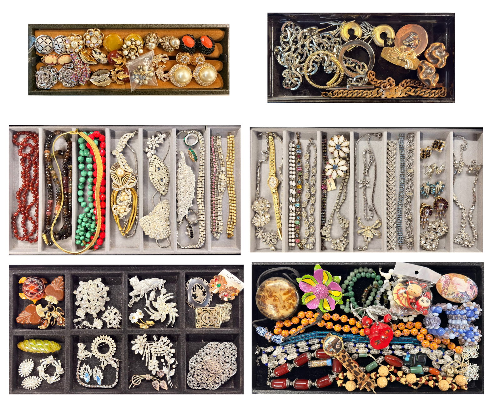 Lot of Costume Jewelry - Ciner, Mario, Weiss, More: The lot contains nearly 100 pieces of jewelry. There are 32 pair of earrings, 20 necklaces, 22 bracelets, 21 brooches, one Italian chain belt, two watches (including Taylorette), and more. There are a
