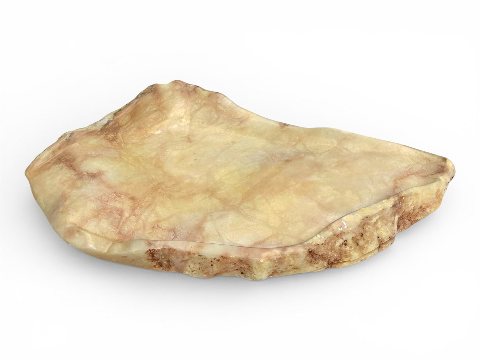 Artist Signed Carved Alabaster Centerpiece Tray.: The hand carved abstract polished alabaster piece is initialed and dated '03 on the underside. The piece measures 23" x 15" x 2 1/2". There are a few scratches on the piece. Otherwise, it is in