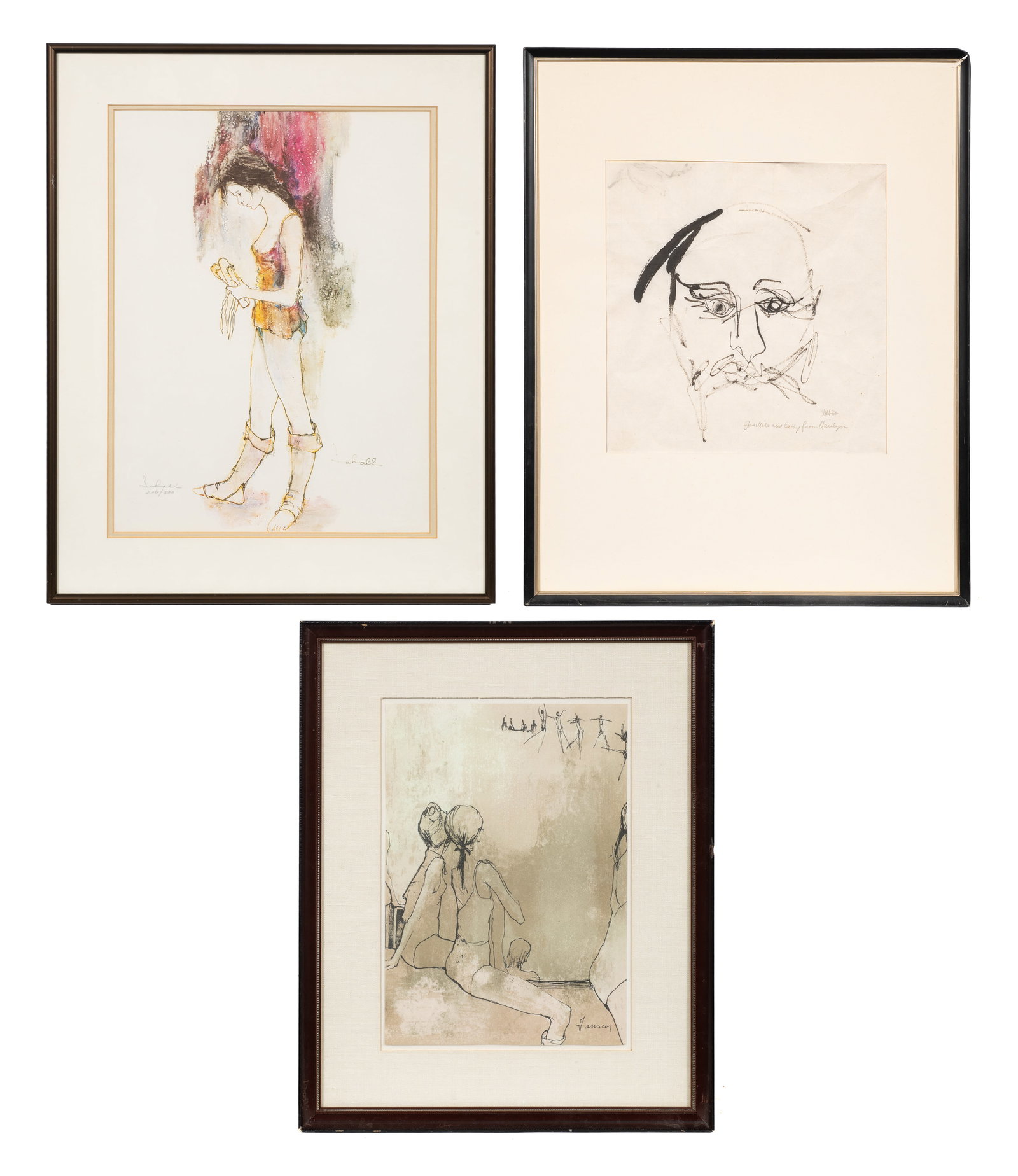 Lot of Three Figural Works - Jansem, Sahall, etc.: This lot contains three framed works: an in-print signed lithograph of ballerinas from Jean Jansem (1920-2013), a signed and numbered print by Susan Sahall (1938-2012), and a drawing of a partial face