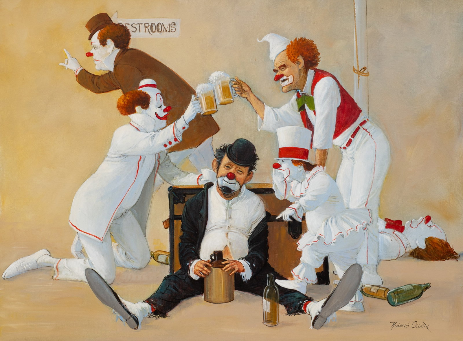 Clowns at the Bar, Oil Painting by Robert Owen.: Artist(s): Robert Owen (American, b. 1930). Medium: Oil painting on canvas. Signature(s): Lower right. Paperwork/Provenance: N/A Condition: The painting is in good overall condition. There is a stain 
