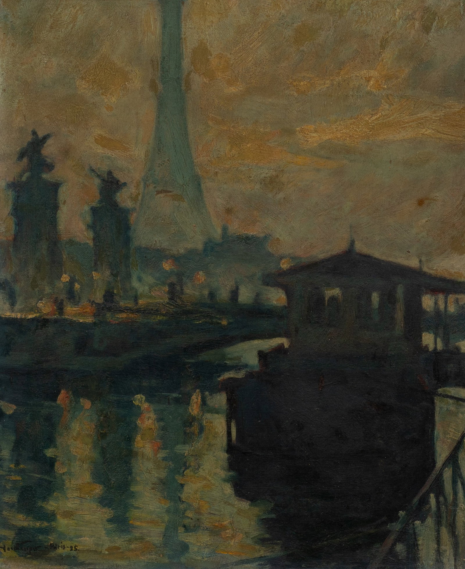 Antique French Impressionist Painting, Signed.: Artist(s): Unknown, 19th/20th century. Title / Subject: View of the Eiffel Tower from Pont Alexandre III. Medium: Oil painting on masonite. Signature(s): "Nord... - Paris, '25", lower left. Paperwork/
