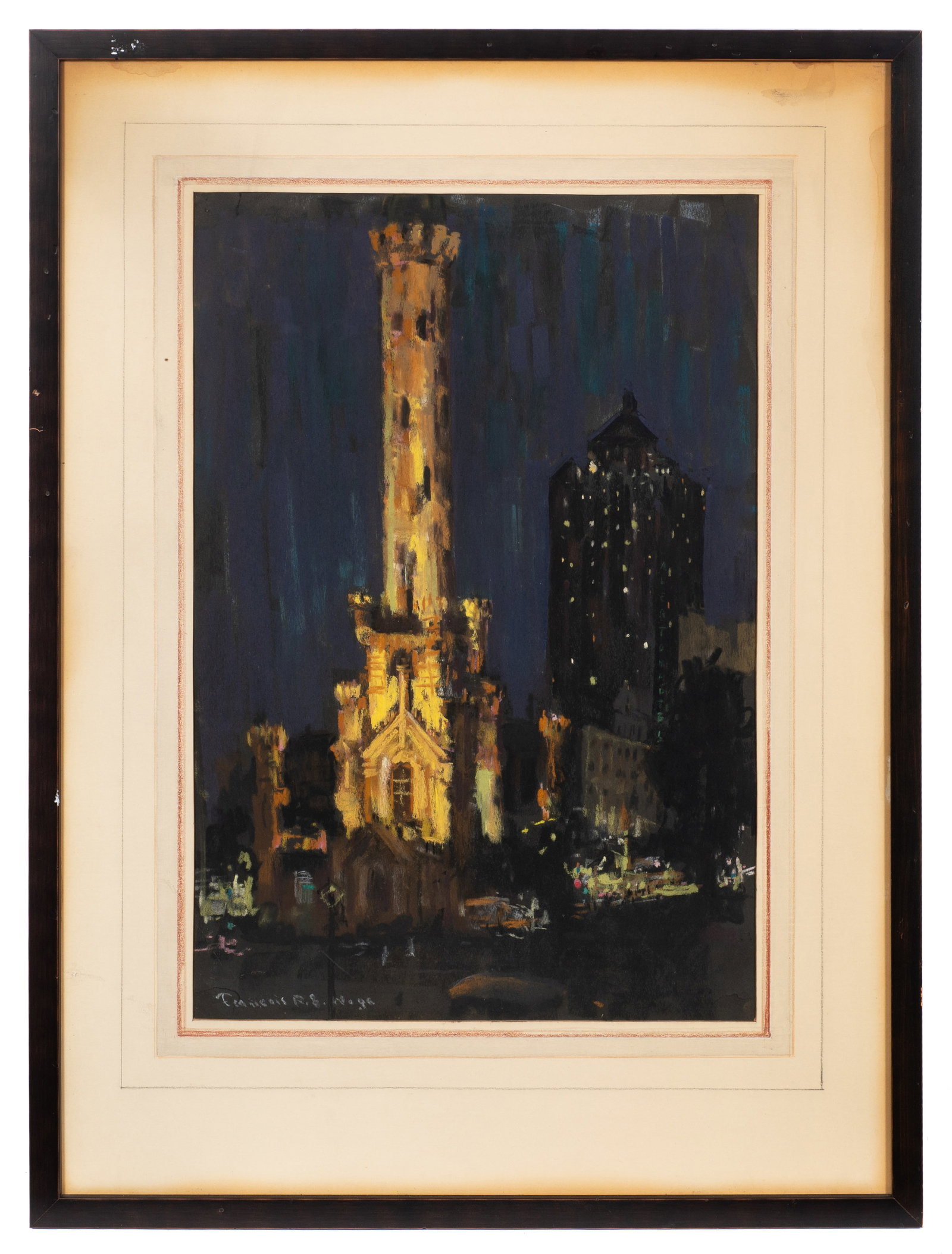 Pastel of Chicago's Water Tower, Francois Woge.: Artist(s): Francois R. E. Woge Medium: Pastel drawing on paper. Signature(s): Lower left. Paperwork: N/A Damage: A few tears to the upper and lower margins. Scuffs to the frame, and water stains to th