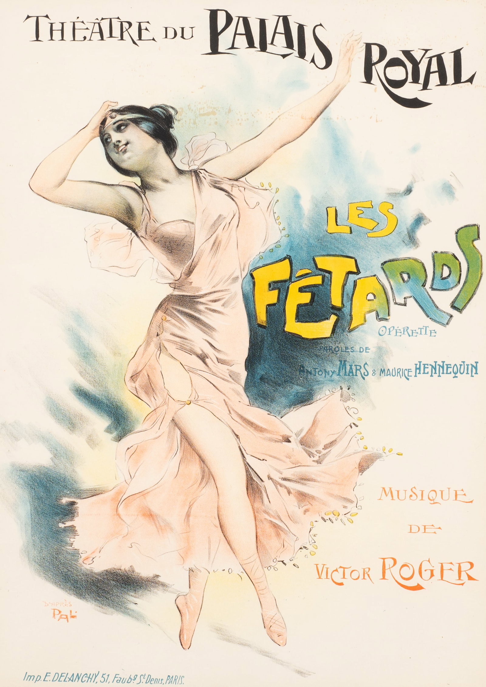 Les Fetards Theatre Poster, Jean Pal Paleologu.: This original French Poster was made circa 1897 by Jean Paleologu for the show Les Fetards at the Theatre du Palais Royal. The sight size of the poster measures 31" x 22", and the ornate gilded frame 