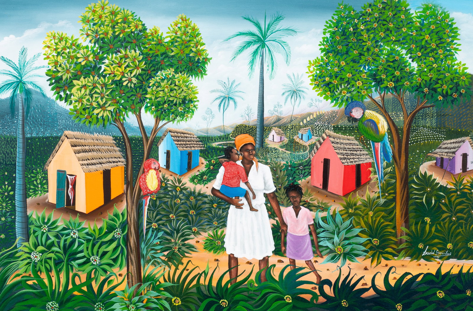 Haitian Village Painting w/ Family, David Saintus.: Artist(s): David Saintus (Haitian, b. 1960). Medium: Acrylic on canvas. Signature(s): Lower right. Paperwork: N/A Condition: Lot is in good overall condition, with minimal wear to the rugged frame.