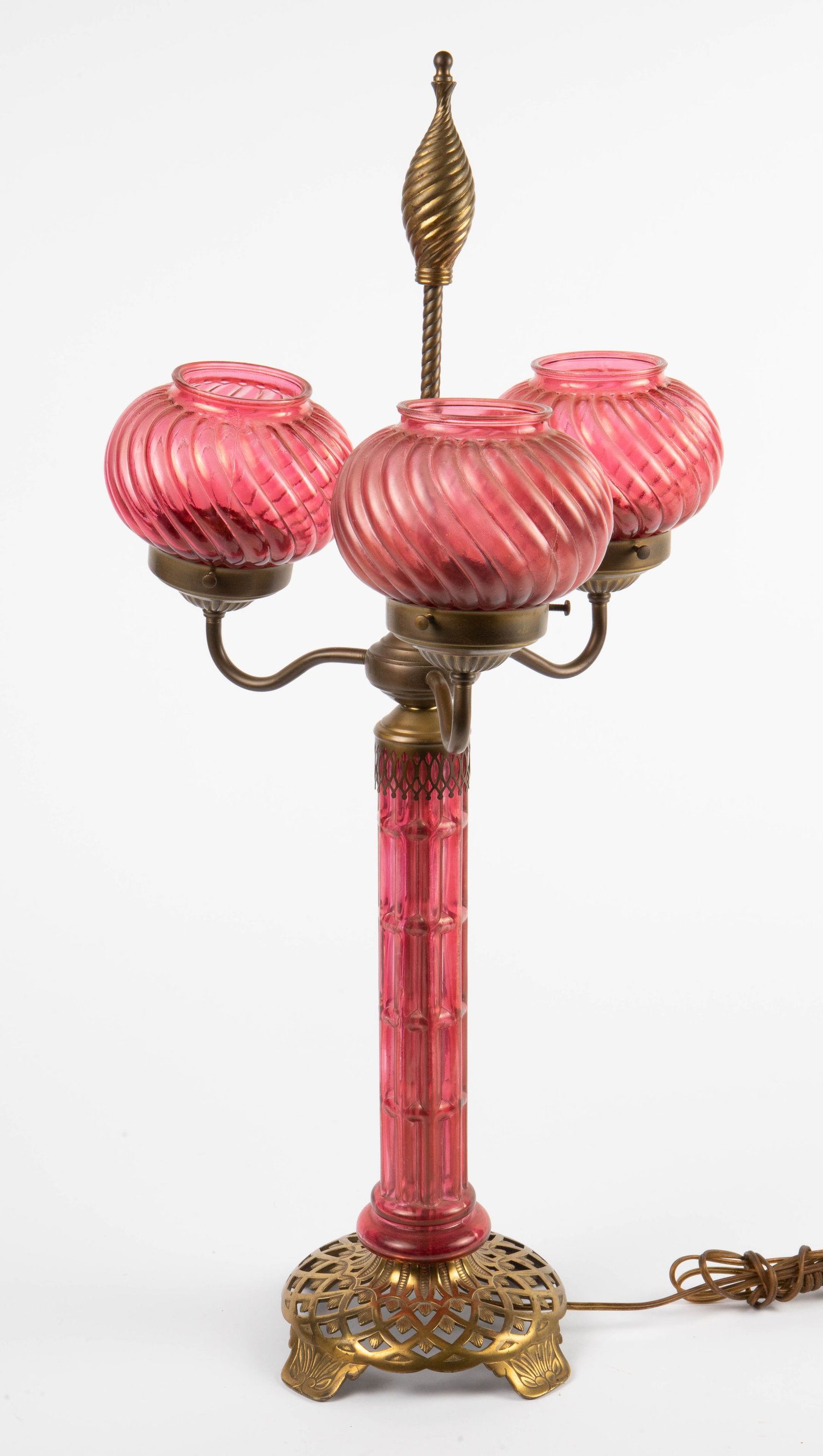3-Arm Brass and Cranberry Glass Footed Lamp. (1 of 9)