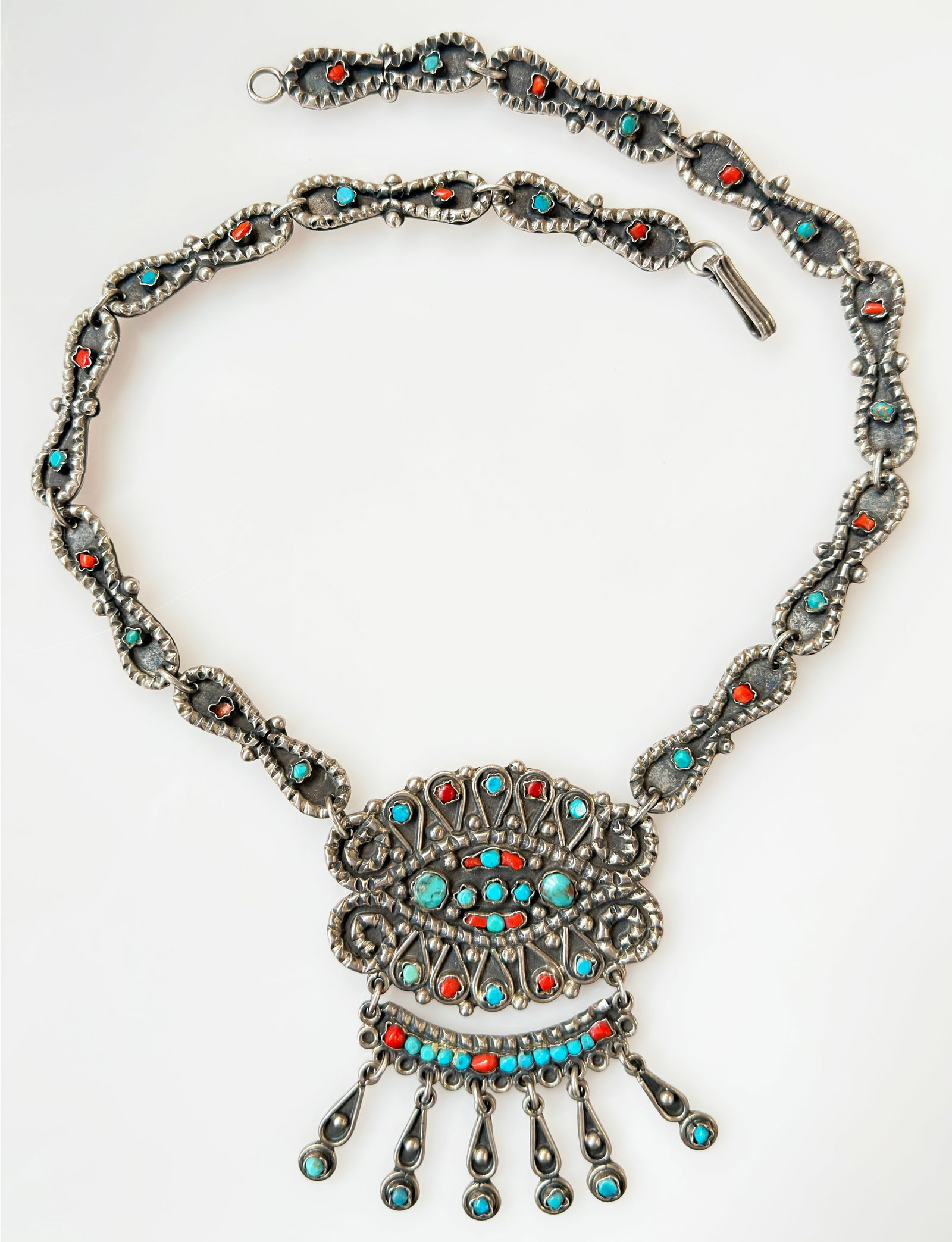 Sterling Taxco Turquoise & Coral Necklace.: The necklace is marked 925 Mexico TB-70 on the back of the large pendant.. It measures 12" around the neck opening, and the pendant section measures 3 3/8" long and 2 1/2" wide. It weighs 4.17 Oz. Tro